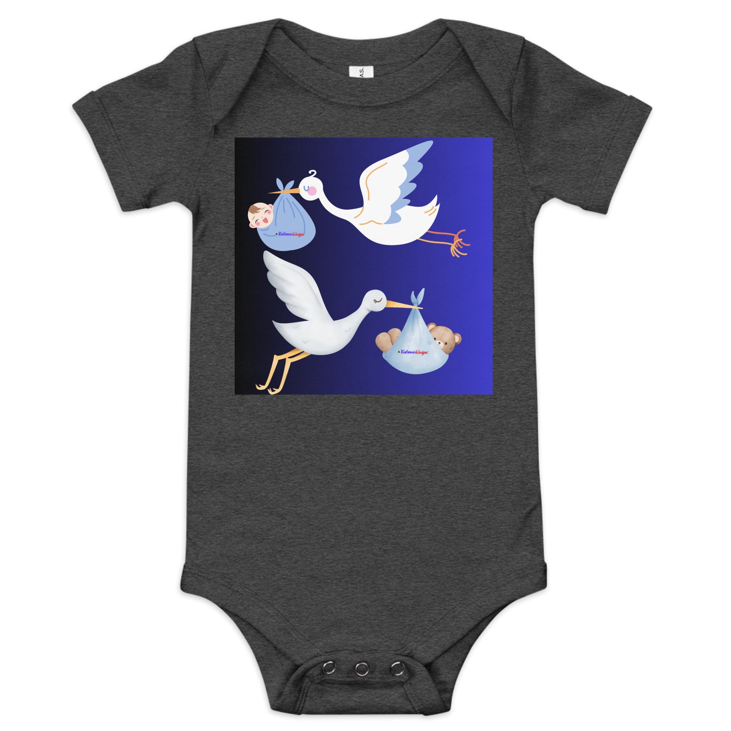 Cute Cartoon Stork with Baby Teddy Bear, Baby Boy Cartoon, CALMNESS DESIGNS, Creative Designer's, Baby short sleeve one piece