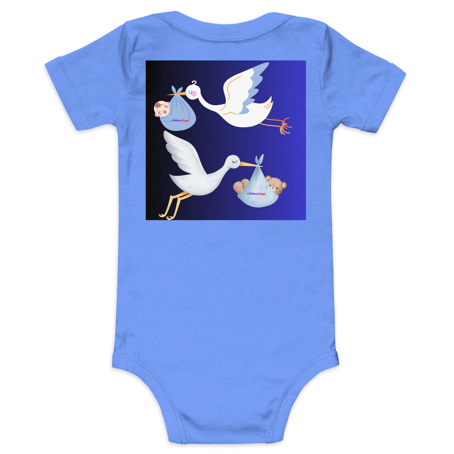 Cute Cartoon Stork with Baby Teddy Bear, Baby Boy Cartoon, CALMNESS DESIGNS, Creative Designer's, Baby short sleeve one piece