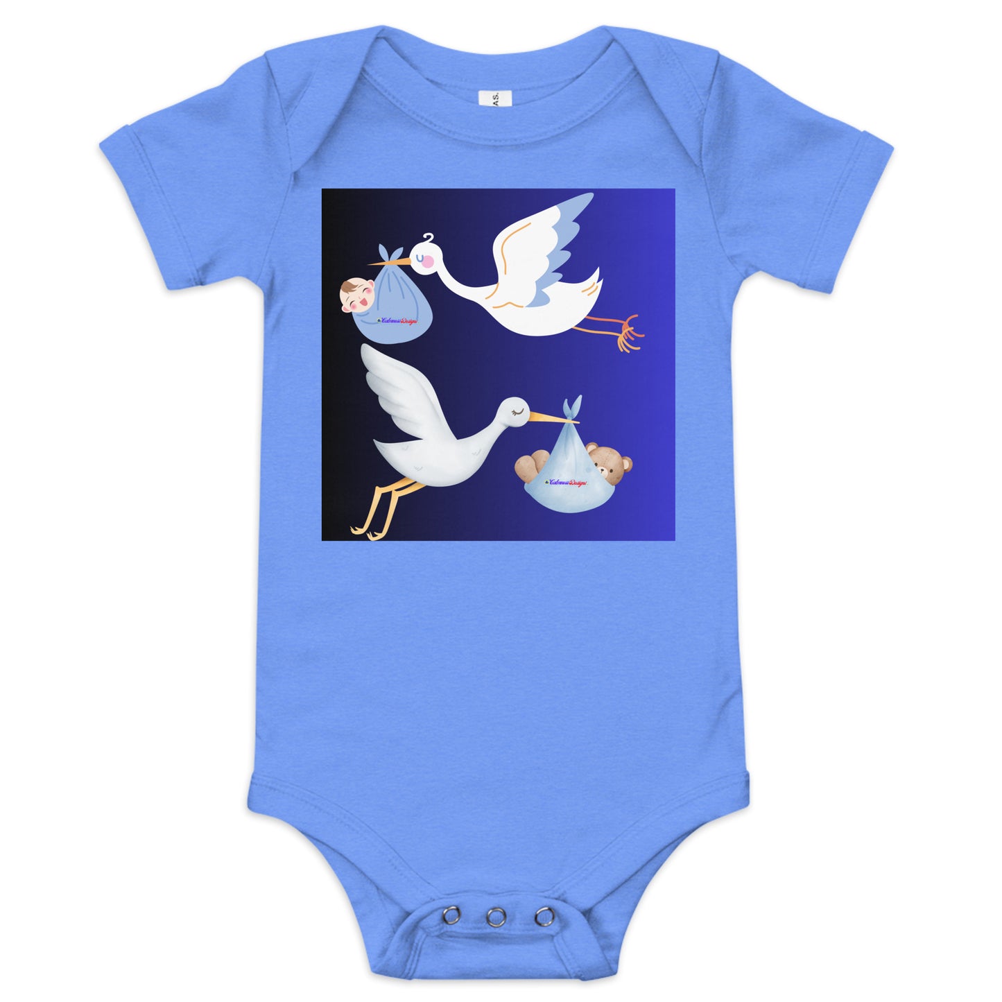 Cute Cartoon Stork with Baby Teddy Bear, Baby Boy Cartoon, CALMNESS DESIGNS, Creative Designer's, Baby short sleeve one piece