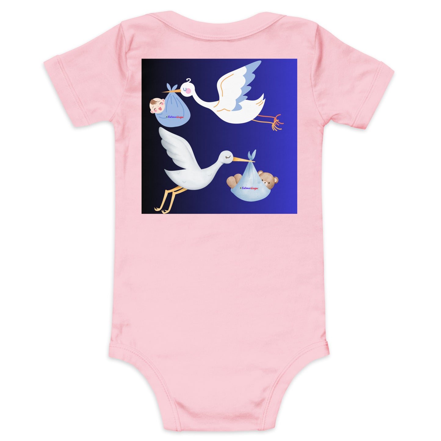 Cute Cartoon Stork with Baby Teddy Bear, Baby Boy Cartoon, CALMNESS DESIGNS, Creative Designer's, Baby short sleeve one piece