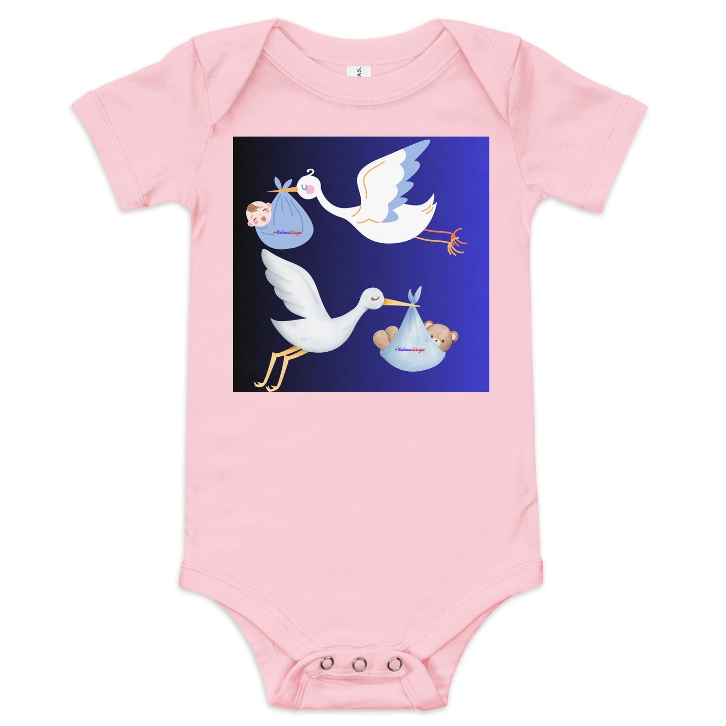 Cute Cartoon Stork with Baby Teddy Bear, Baby Boy Cartoon, CALMNESS DESIGNS, Creative Designer's, Baby short sleeve one piece