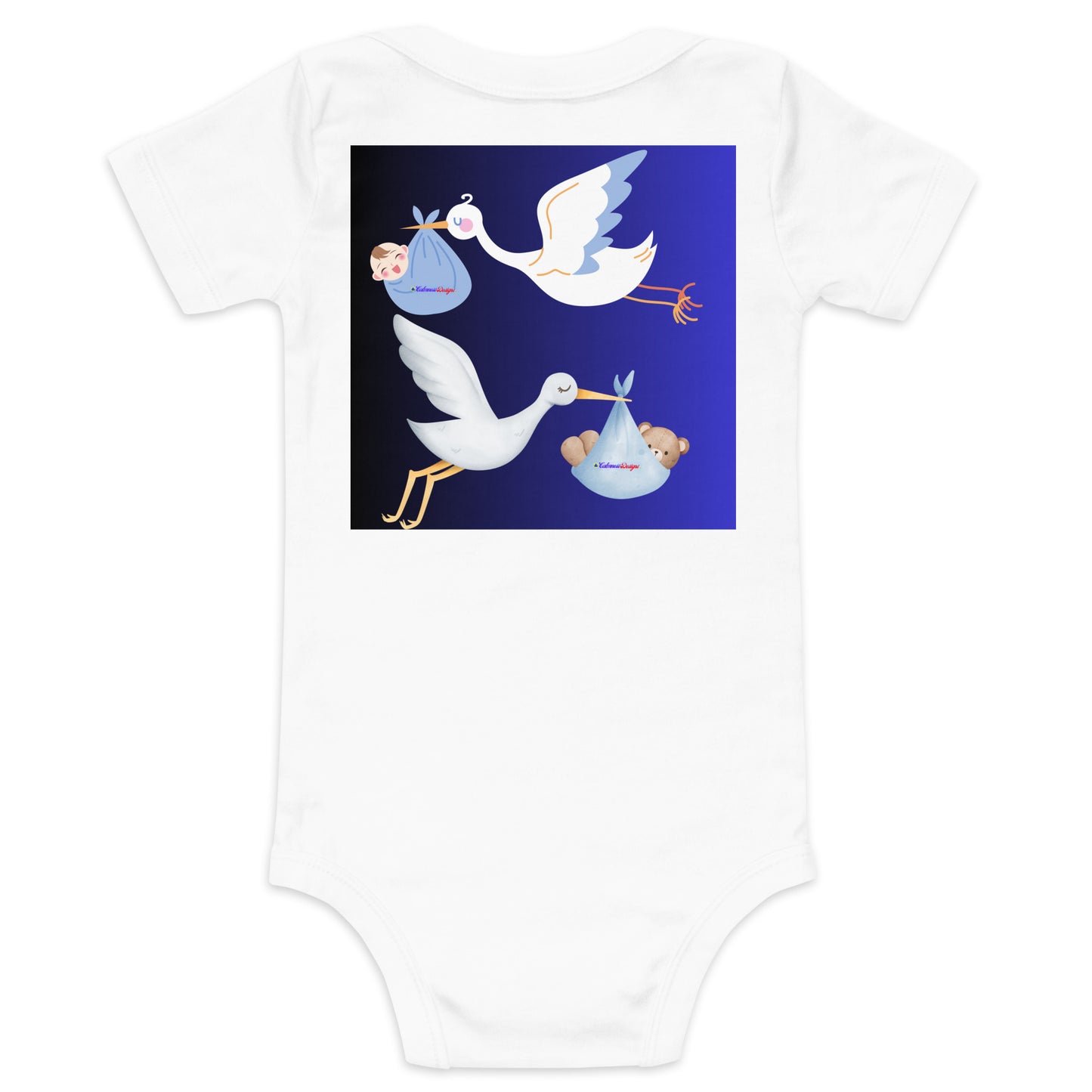 Cute Cartoon Stork with Baby Teddy Bear, Baby Boy Cartoon, CALMNESS DESIGNS, Creative Designer's, Baby short sleeve one piece