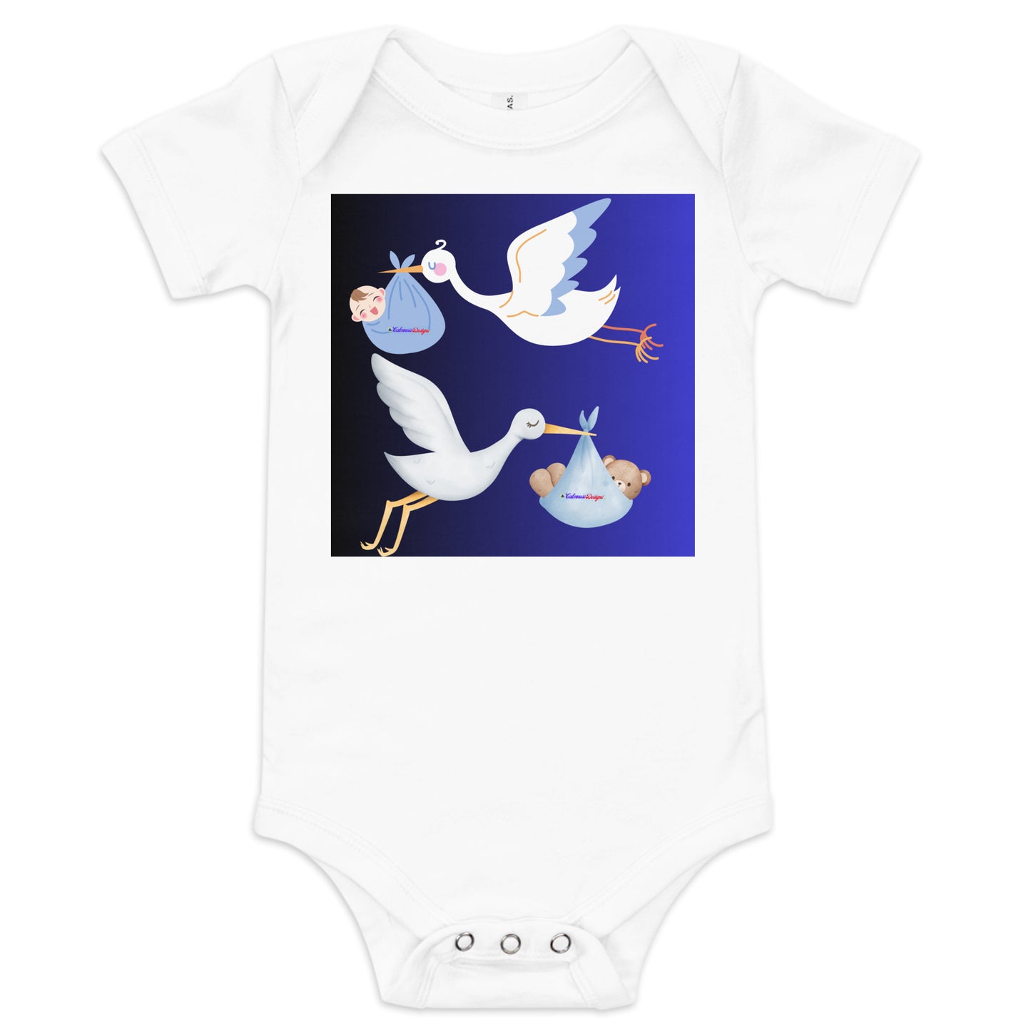 Cute Cartoon Stork with Baby Teddy Bear, Baby Boy Cartoon, CALMNESS DESIGNS, Creative Designer's, Baby short sleeve one piece