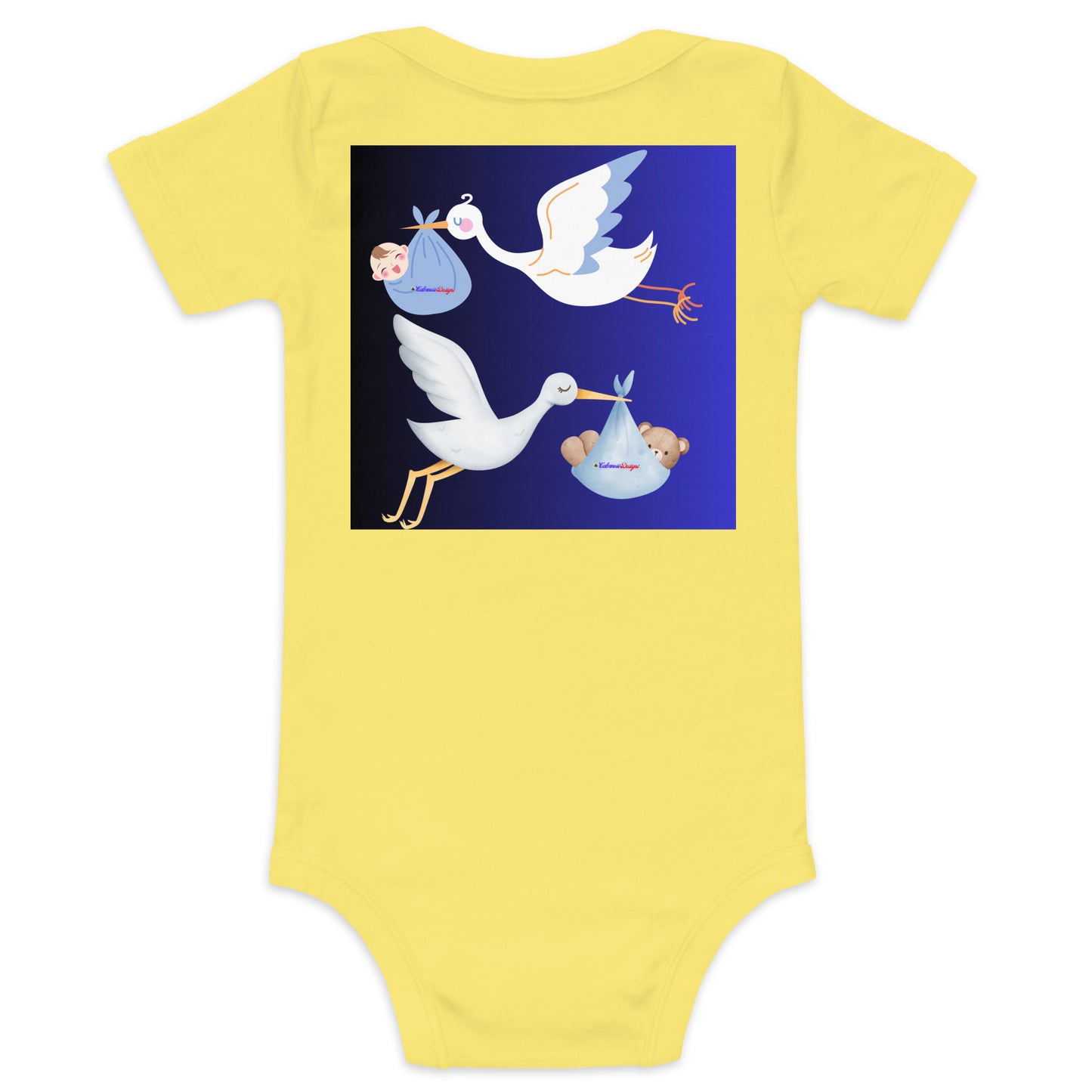 Cute Cartoon Stork with Baby Teddy Bear, Baby Boy Cartoon, CALMNESS DESIGNS, Creative Designer's, Baby short sleeve one piece