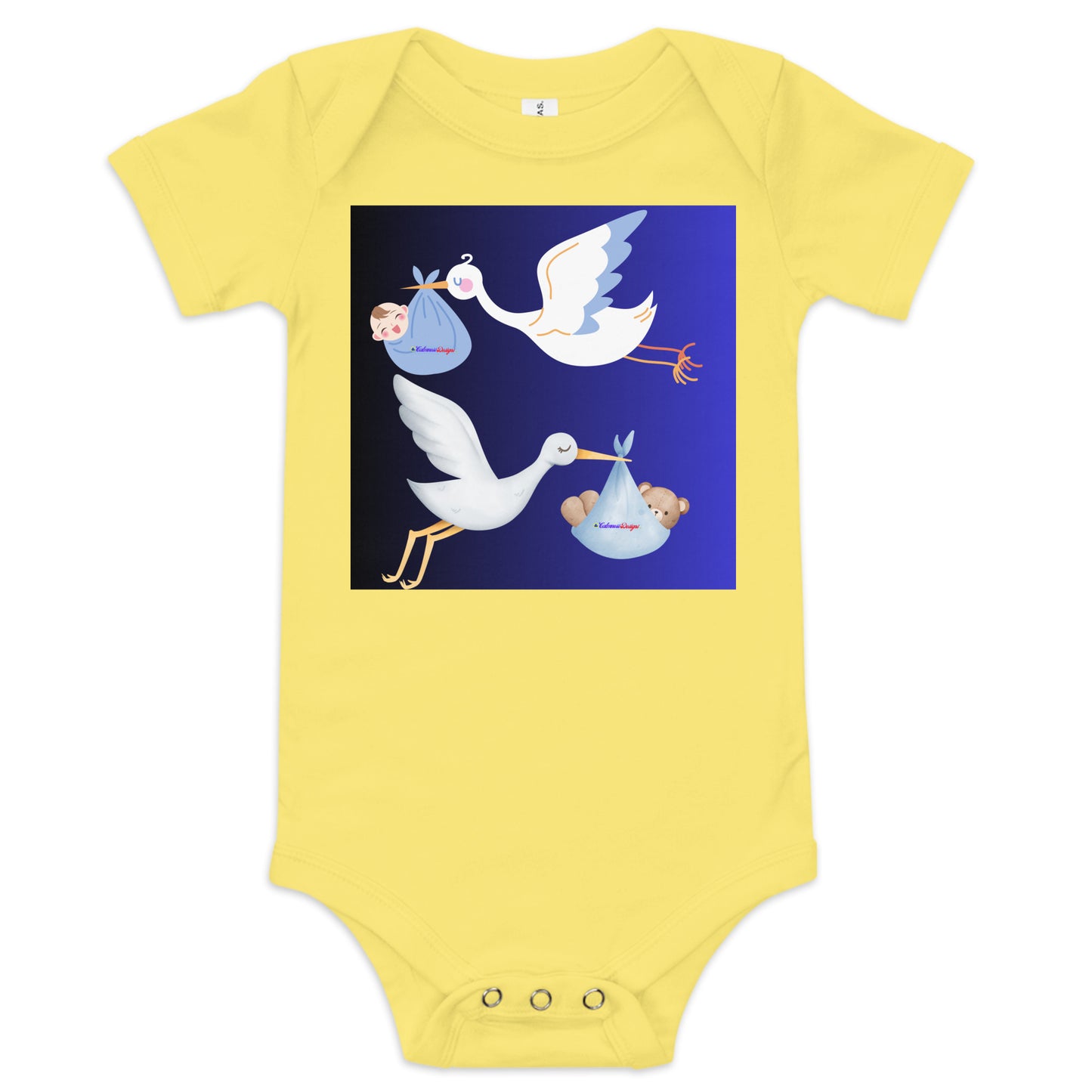 Cute Cartoon Stork with Baby Teddy Bear, Baby Boy Cartoon, CALMNESS DESIGNS, Creative Designer's, Baby short sleeve one piece