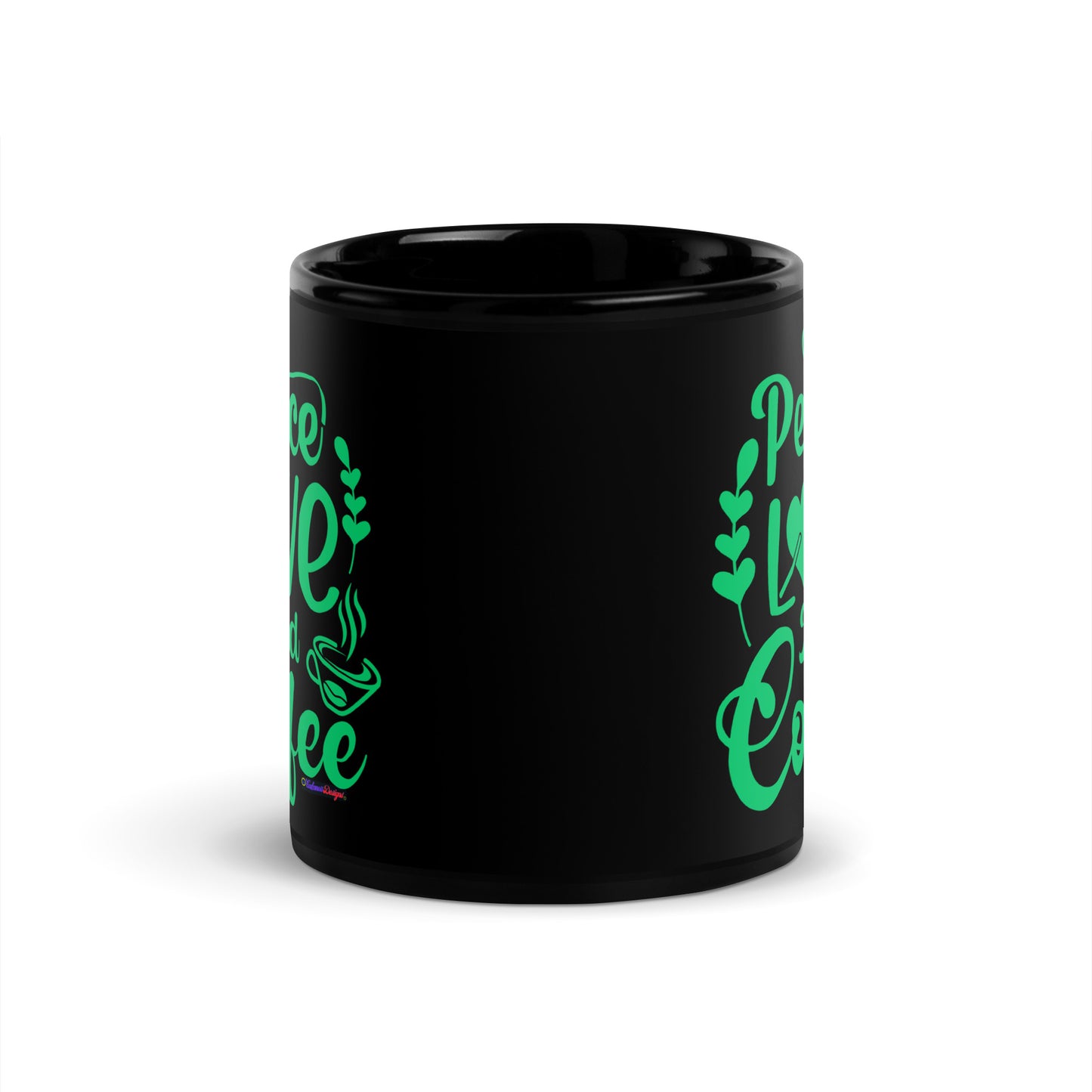 Peace Love and Coffee, Hearts-Arrow, Cup of HOT Coffee, CALMNESS DESIGNS, Creative Designer's, Black Glossy Mug