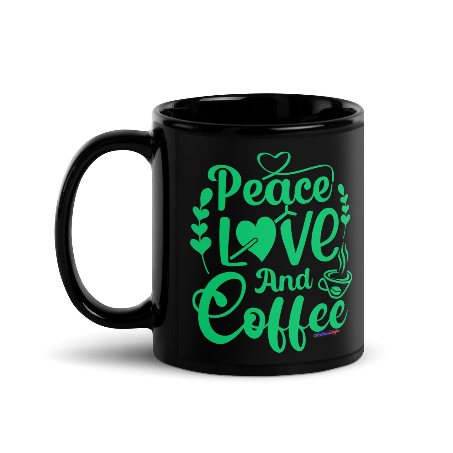 Peace Love and Coffee, Hearts-Arrow, Cup of HOT Coffee, CALMNESS DESIGNS, Creative Designer's, Black Glossy Mug