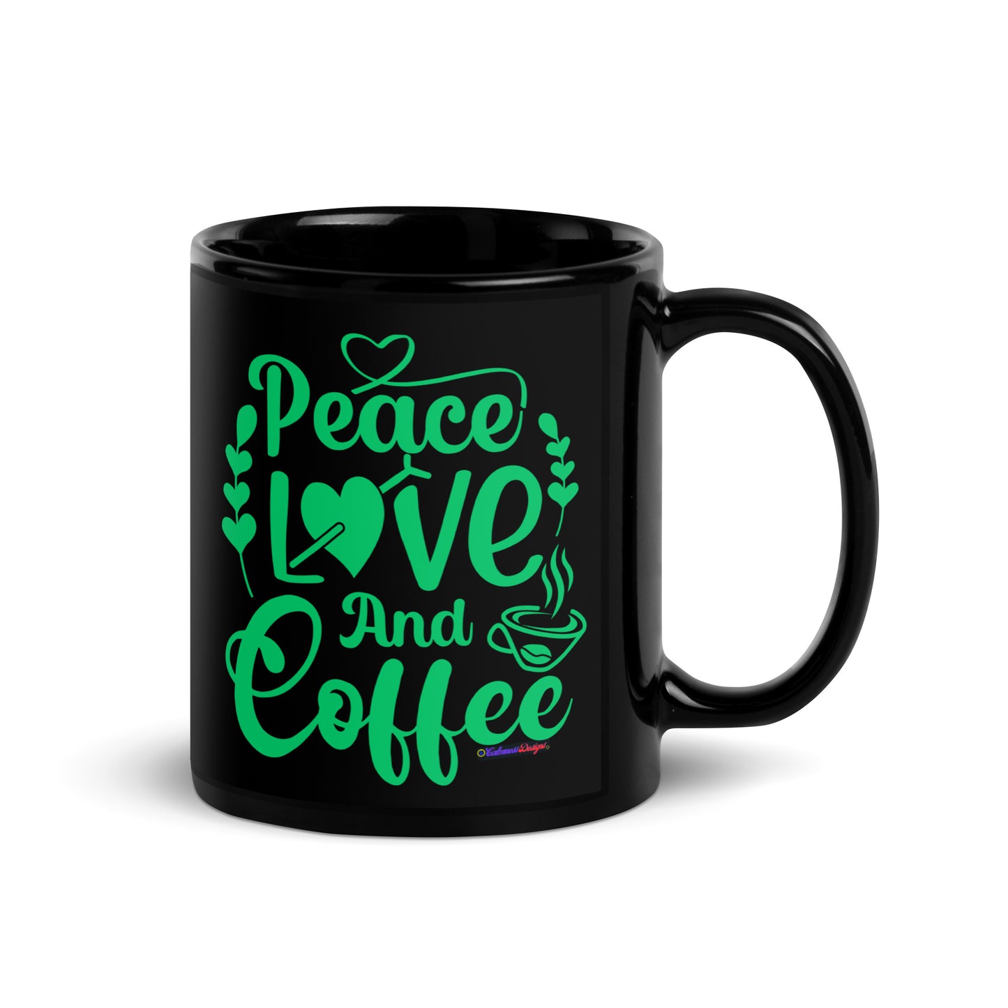 Peace Love and Coffee, Hearts-Arrow, Cup of HOT Coffee, CALMNESS DESIGNS, Creative Designer's, Black Glossy Mug