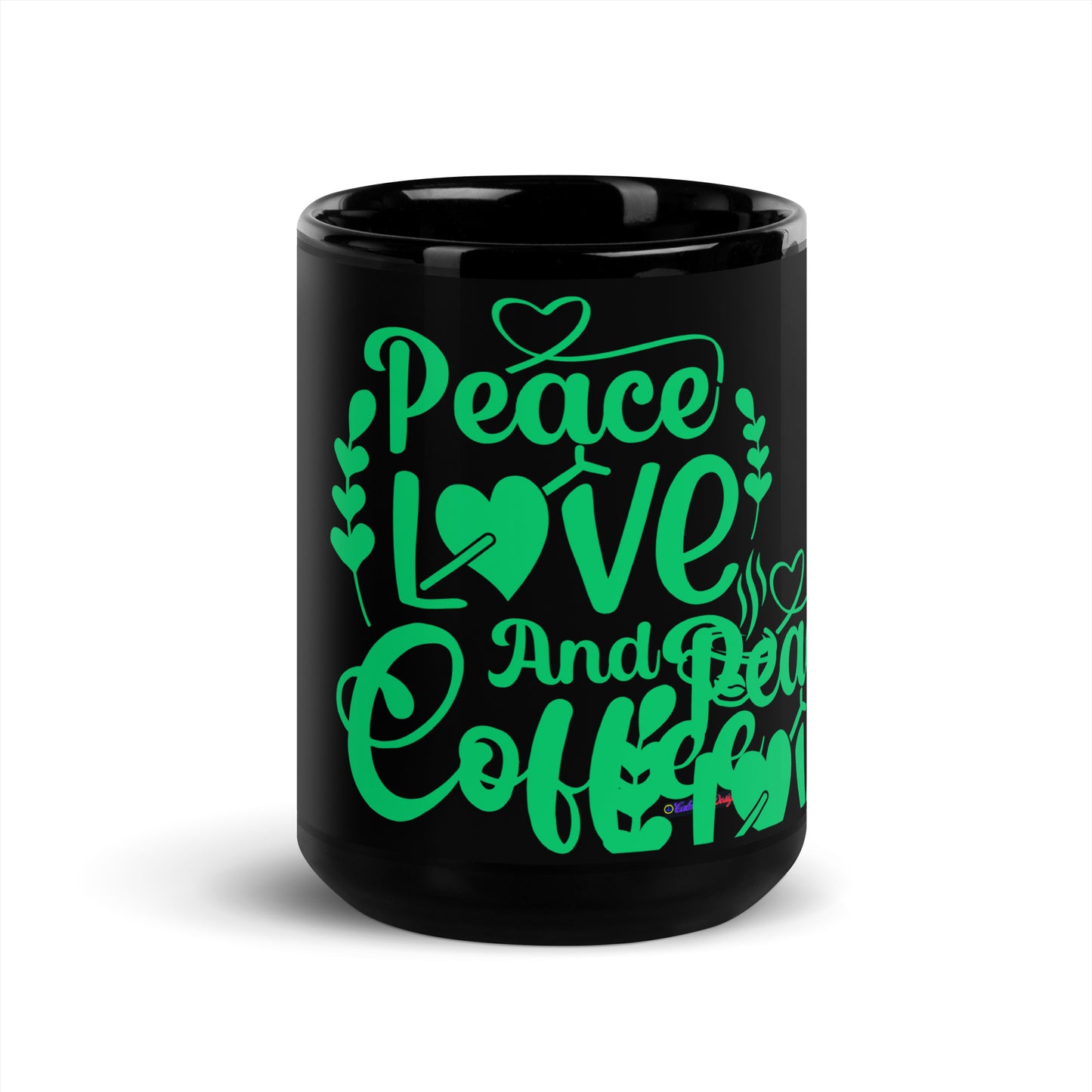 Peace Love and Coffee, Hearts-Arrow, Cup of HOT Coffee, CALMNESS DESIGNS, Creative Designer's, Black Glossy Mug