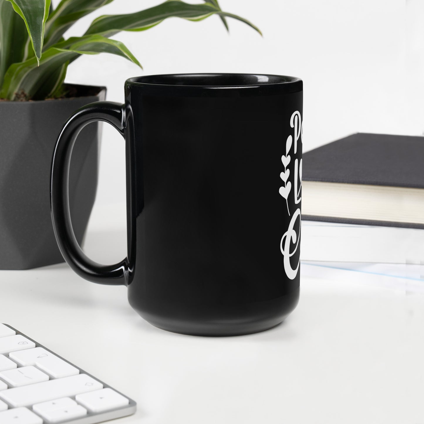 Peace Love and Coffee, Hearts-Arrow, Cup of HOT Coffee, CALMNESS DESIGNS, Creative Designer's, Black Glossy Mug
