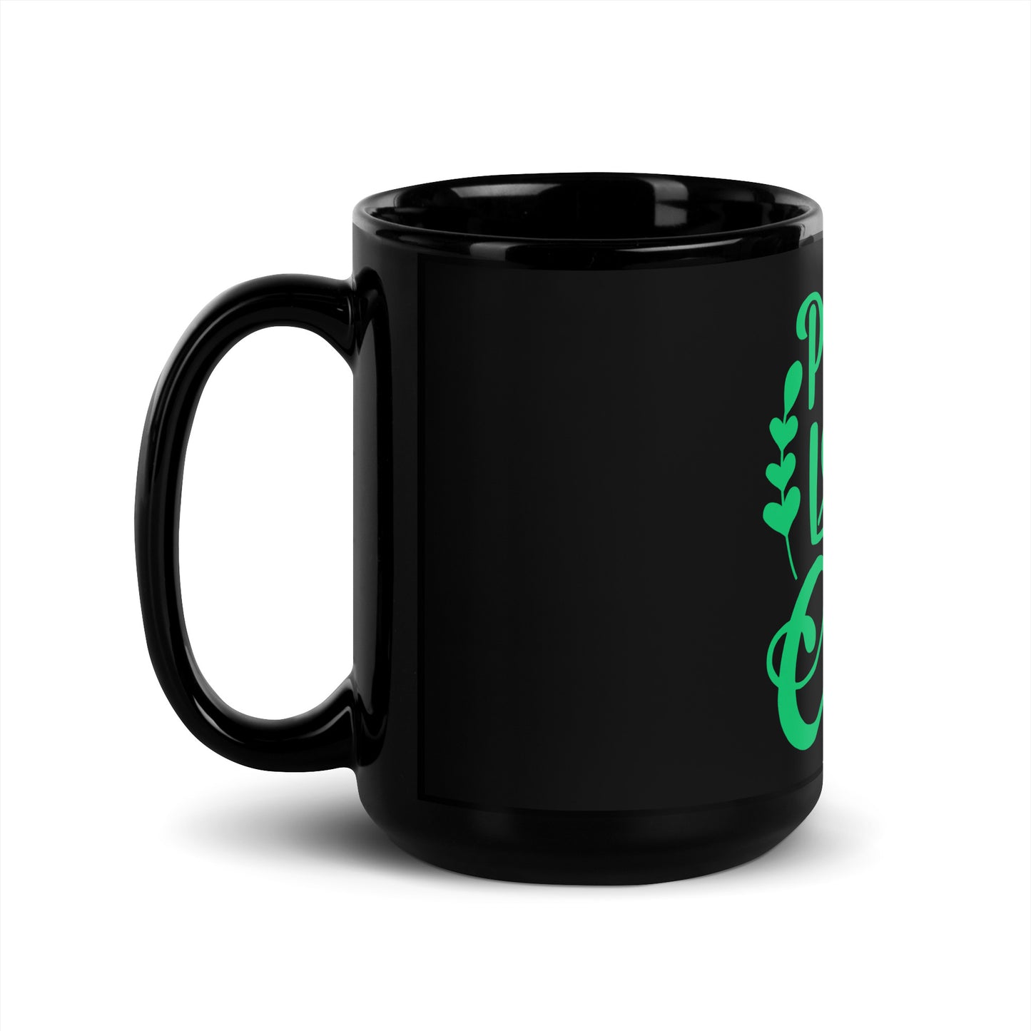 Peace Love and Coffee, Hearts-Arrow, Cup of HOT Coffee, CALMNESS DESIGNS, Creative Designer's, Black Glossy Mug