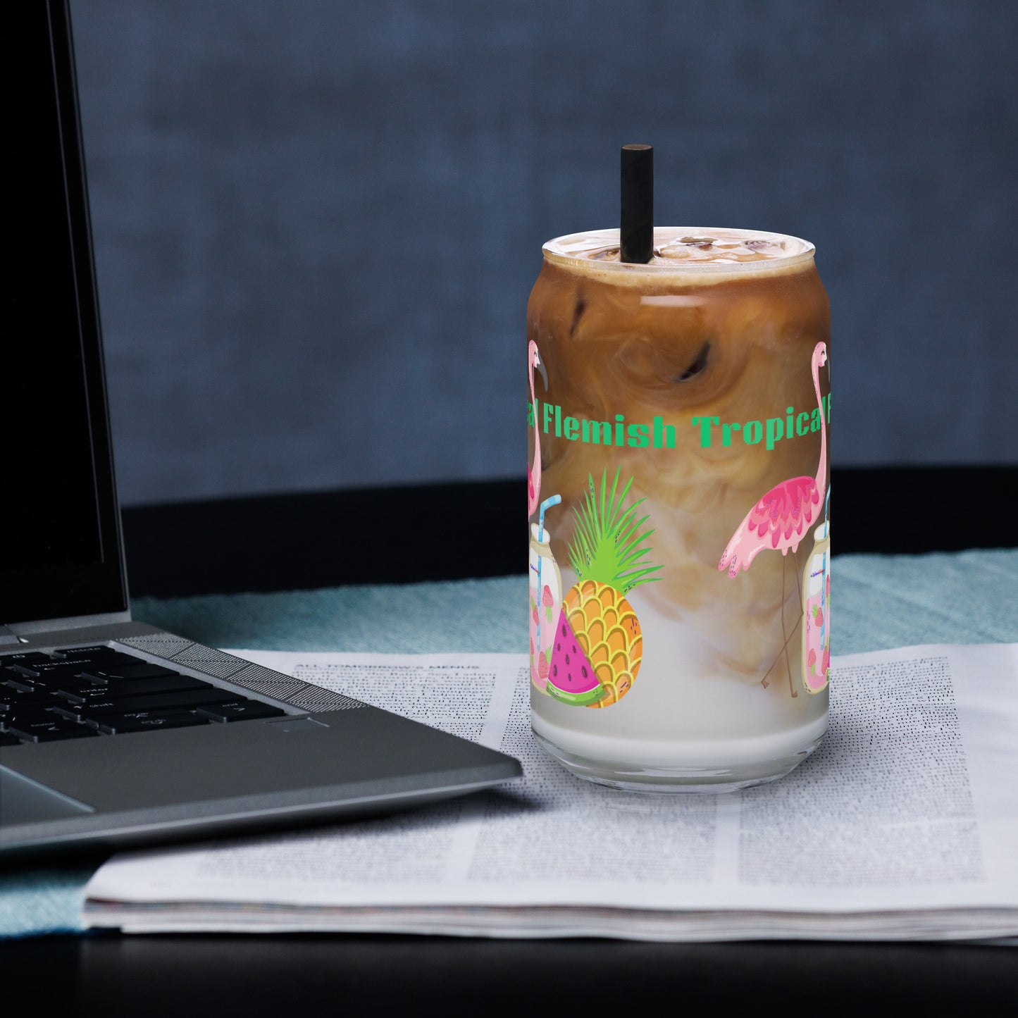 Tropical Flemish with Exotic Fruits and Smoothie, Flamingo, Pineapple, Watermelon, CALMNESS DESIGNS, Creative Designer's, Can-shaped glass