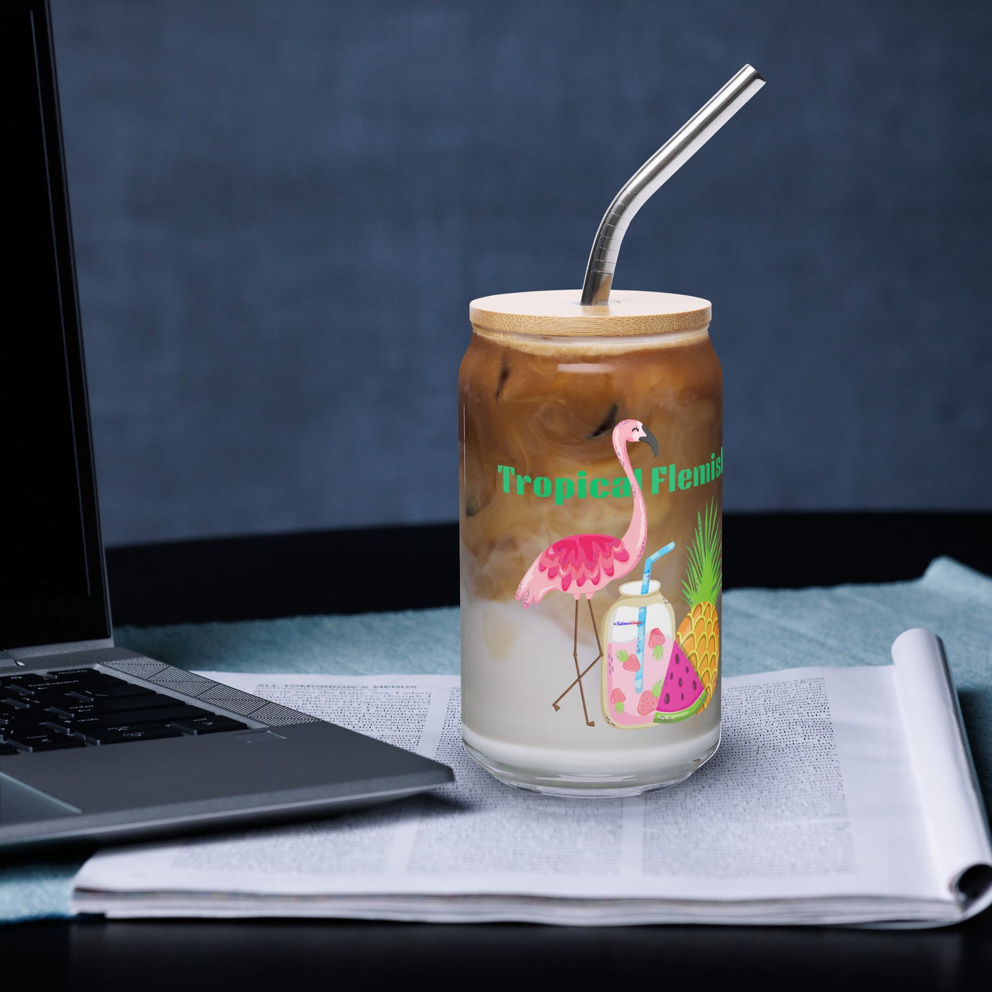 Tropical Flemish with Exotic Fruits and Smoothie, Flamingo, Pineapple, Watermelon, CALMNESS DESIGNS, Creative Designer's, Can-shaped glass