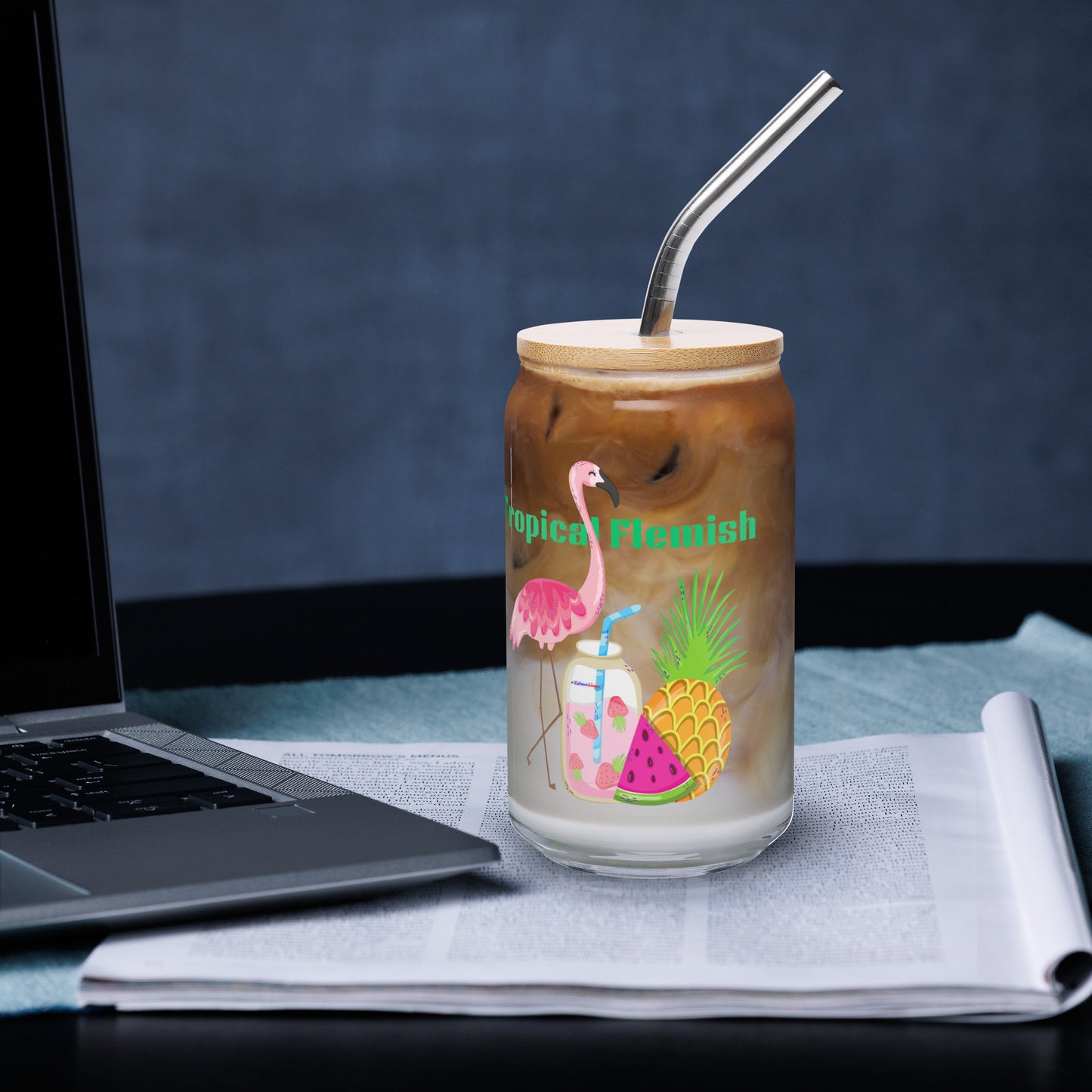 Tropical Flemish with Exotic Fruits and Smoothie, Flamingo, Pineapple, Watermelon, CALMNESS DESIGNS, Creative Designer's, Can-shaped glass