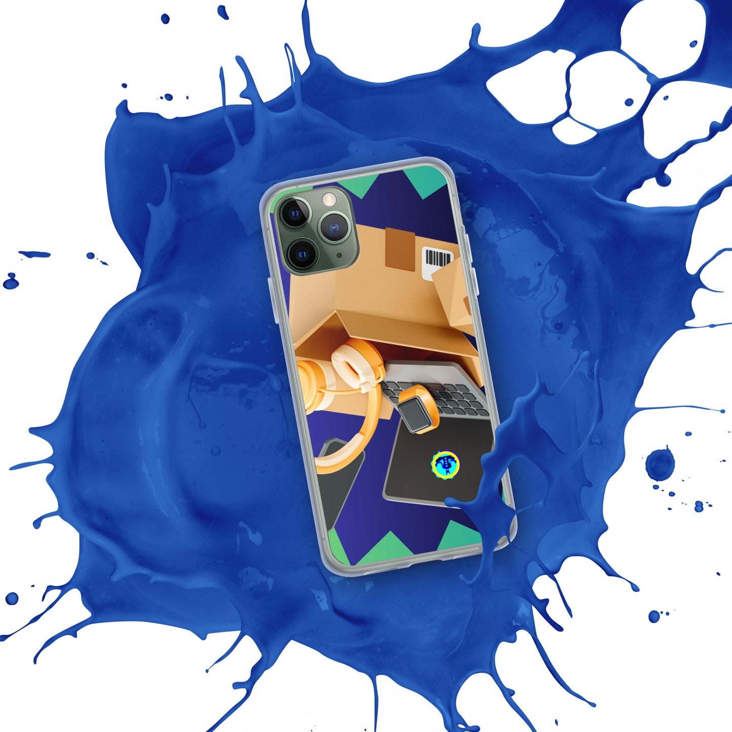 3D Cardboard Box with Floating Laptop, Phone, Watch and Headphones, CALMNESS DESIGNS, Creative Designer's, Clear Case for iPhone®