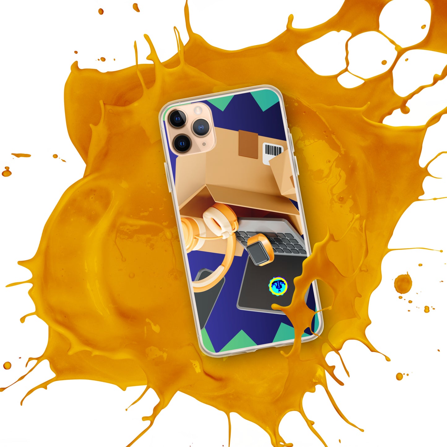 3D Cardboard Box with Floating Laptop, Phone, Watch and Headphones, CALMNESS DESIGNS, Creative Designer's, Clear Case for iPhone®