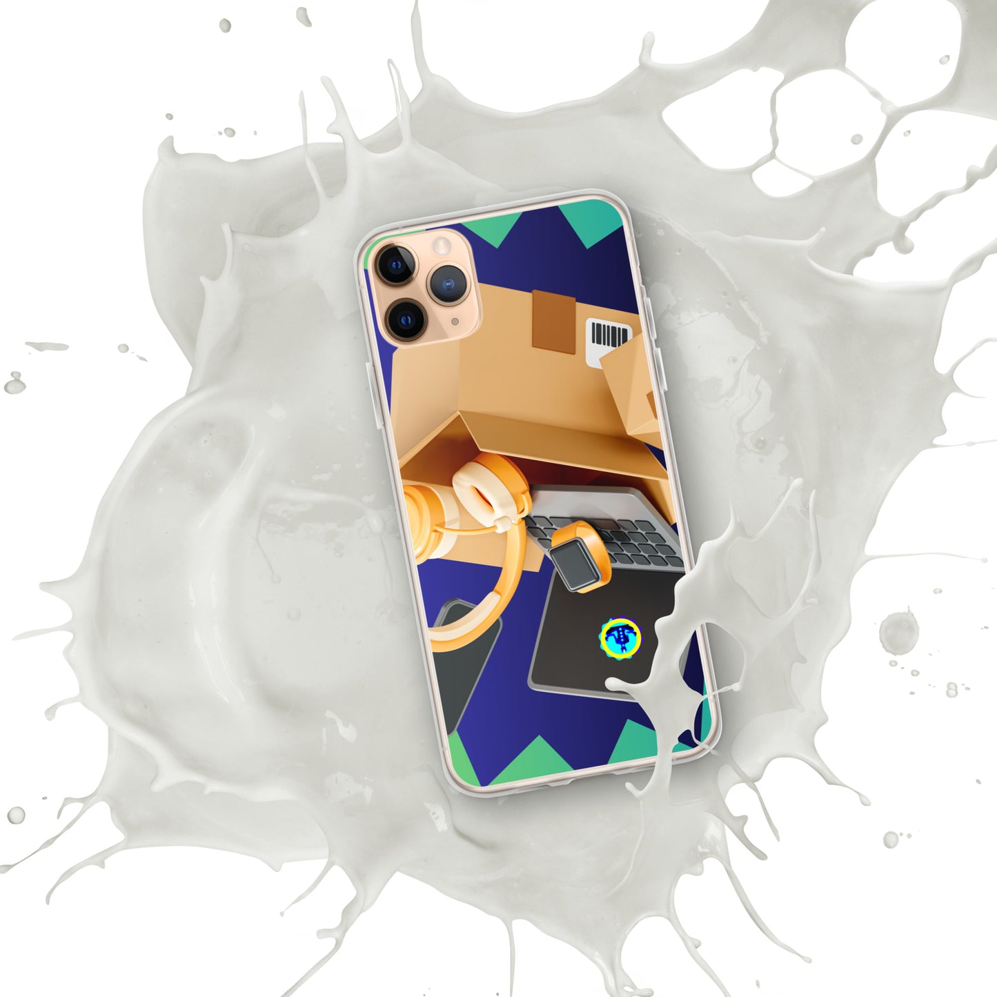 3D Cardboard Box with Floating Laptop, Phone, Watch and Headphones, CALMNESS DESIGNS, Creative Designer's, Clear Case for iPhone®