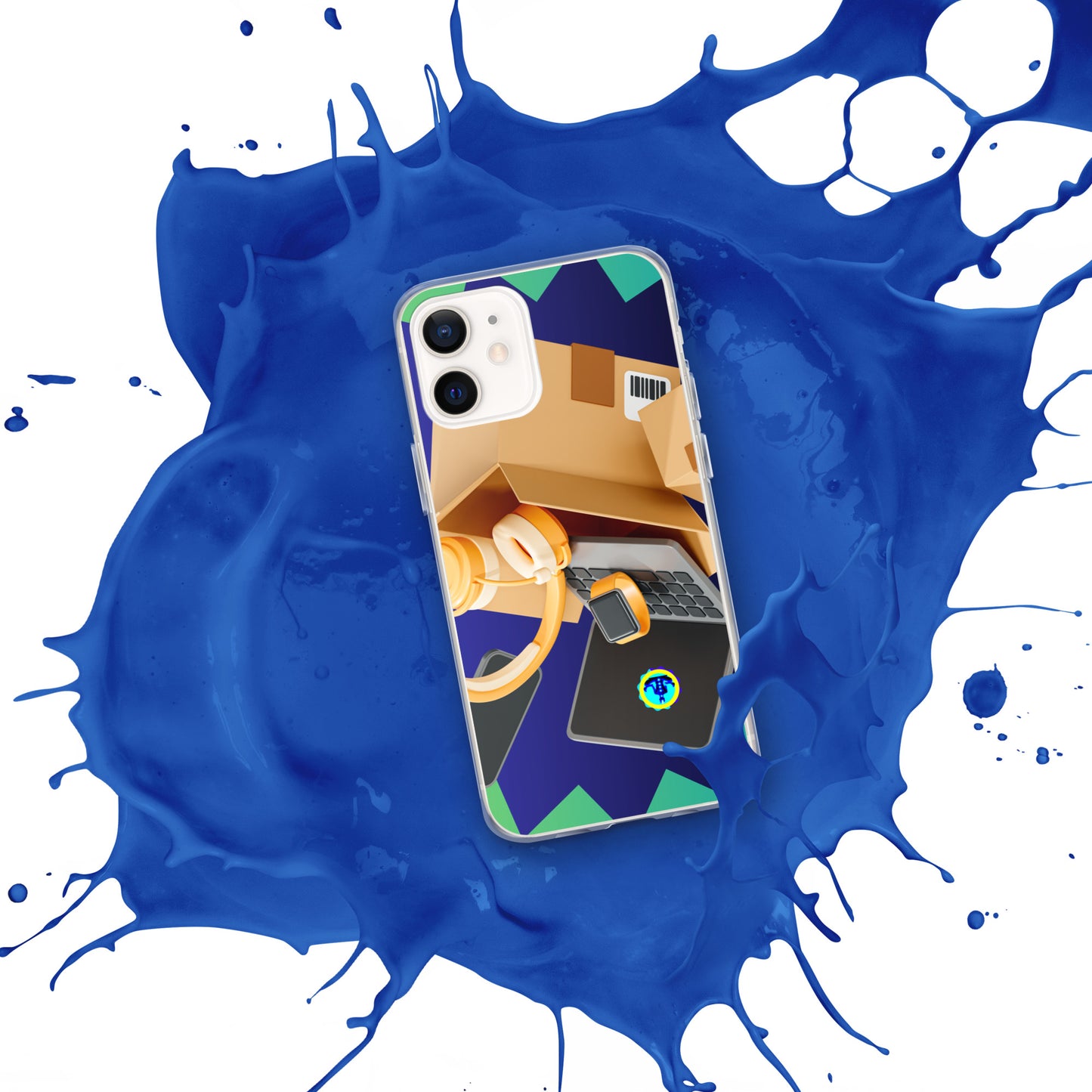 3D Cardboard Box with Floating Laptop, Phone, Watch and Headphones, CALMNESS DESIGNS, Creative Designer's, Clear Case for iPhone®