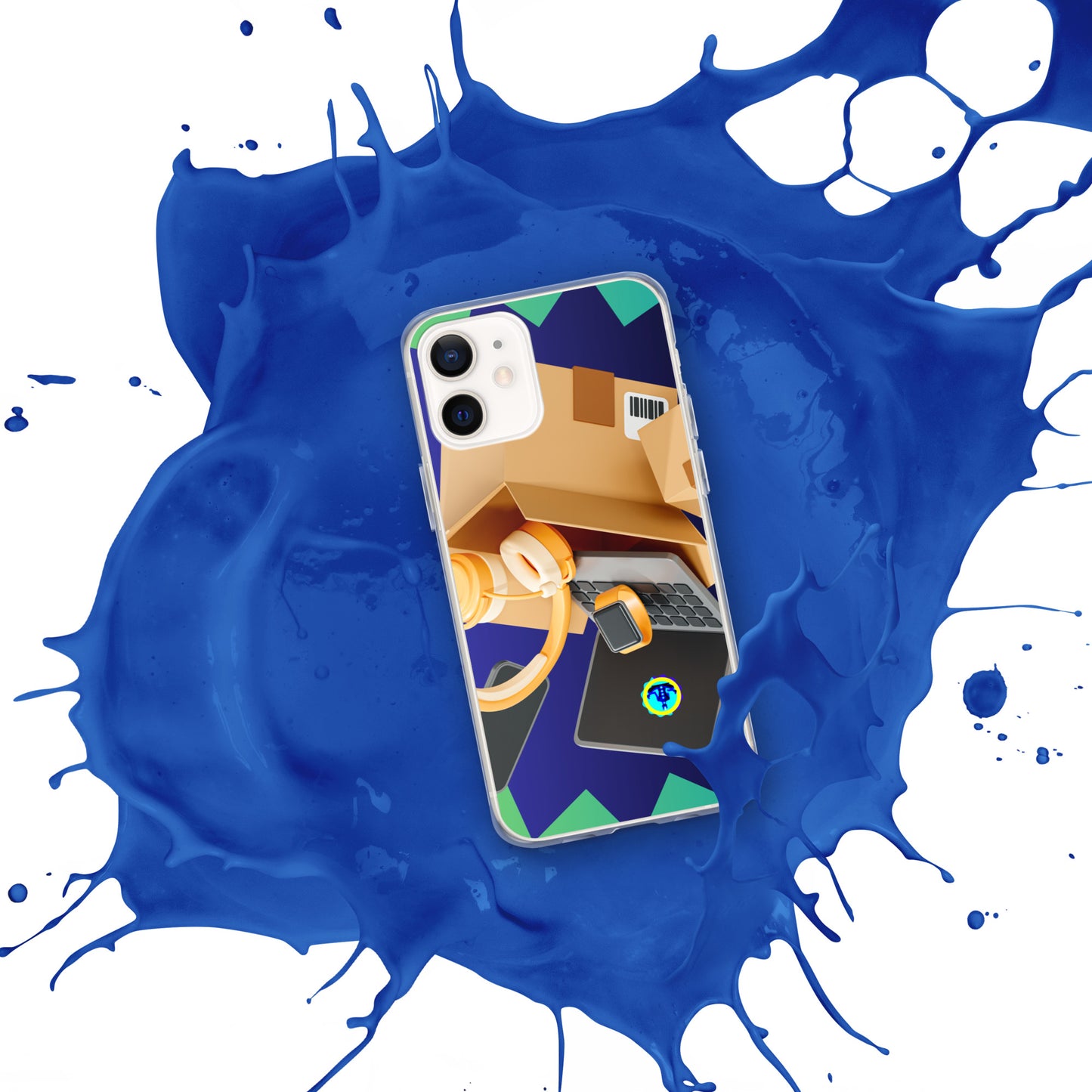 3D Cardboard Box with Floating Laptop, Phone, Watch and Headphones, CALMNESS DESIGNS, Creative Designer's, Clear Case for iPhone®