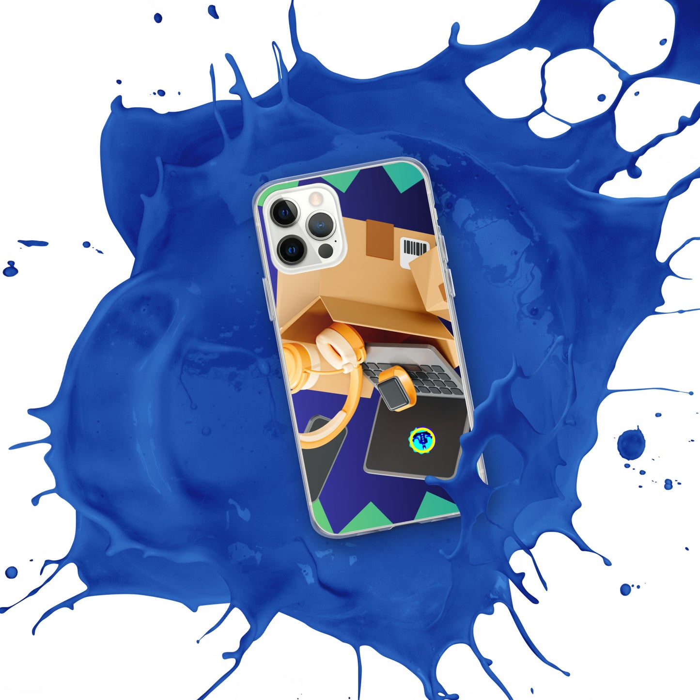 3D Cardboard Box with Floating Laptop, Phone, Watch and Headphones, CALMNESS DESIGNS, Creative Designer's, Clear Case for iPhone®