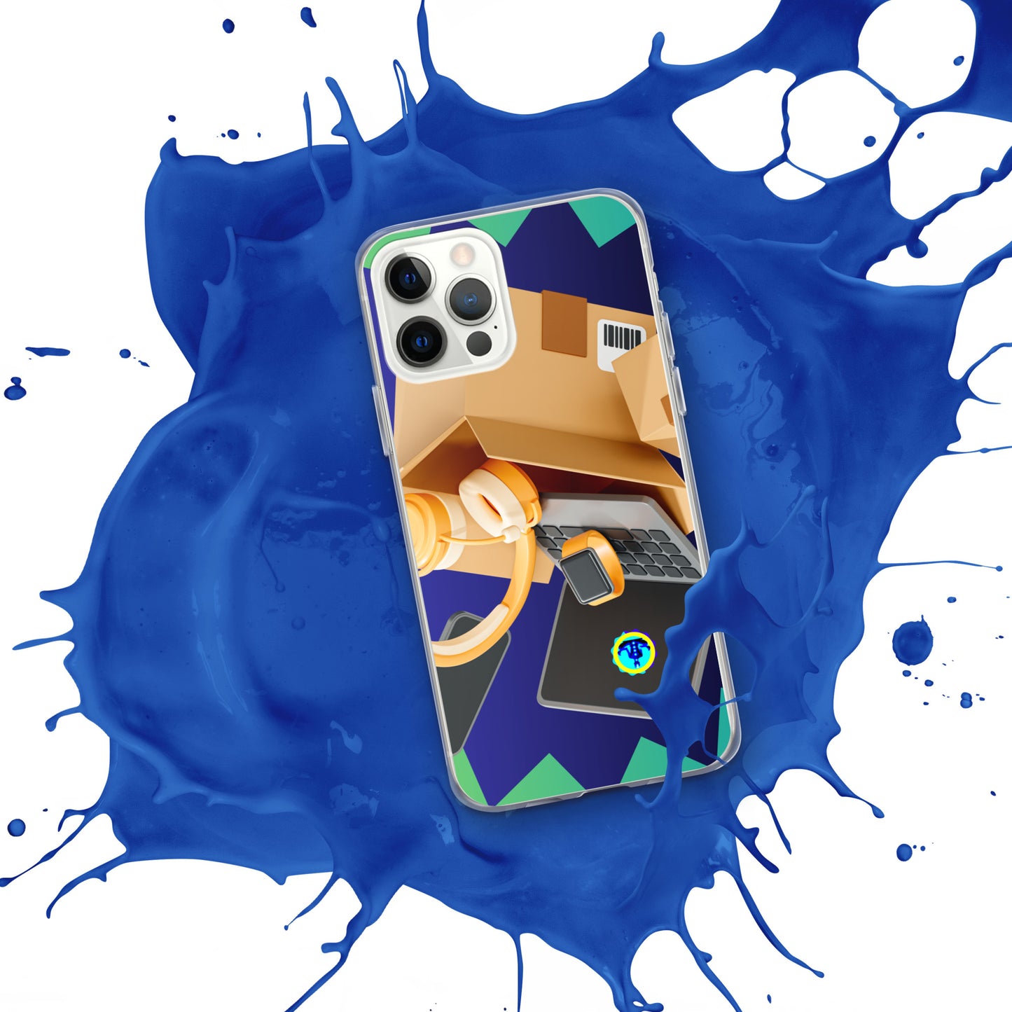 3D Cardboard Box with Floating Laptop, Phone, Watch and Headphones, CALMNESS DESIGNS, Creative Designer's, Clear Case for iPhone®