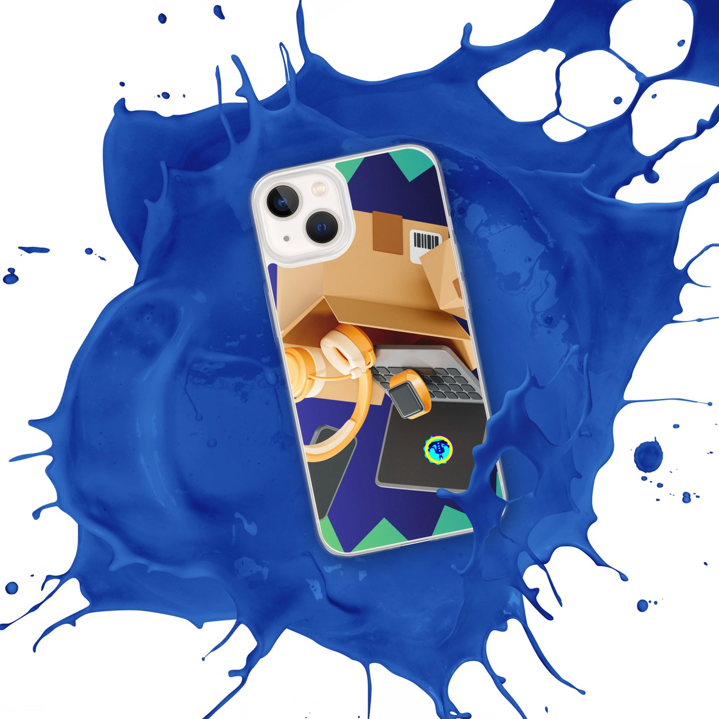 3D Cardboard Box with Floating Laptop, Phone, Watch and Headphones, CALMNESS DESIGNS, Creative Designer's, Clear Case for iPhone®