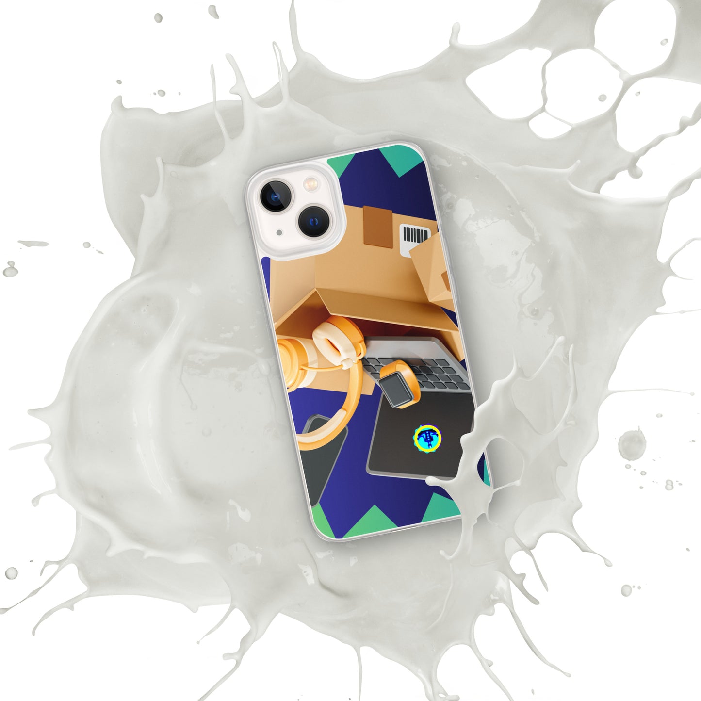 3D Cardboard Box with Floating Laptop, Phone, Watch and Headphones, CALMNESS DESIGNS, Creative Designer's, Clear Case for iPhone®