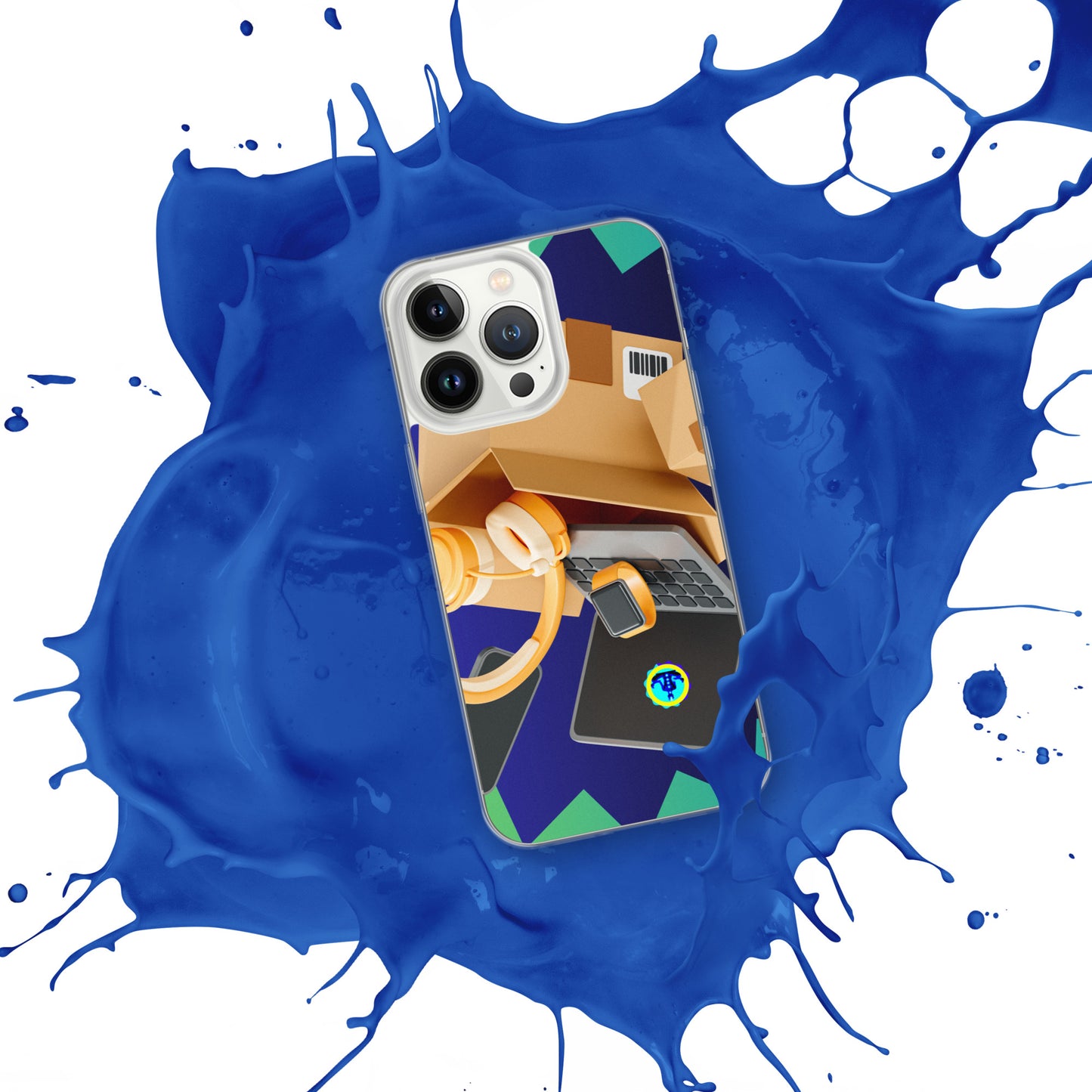3D Cardboard Box with Floating Laptop, Phone, Watch and Headphones, CALMNESS DESIGNS, Creative Designer's, Clear Case for iPhone®