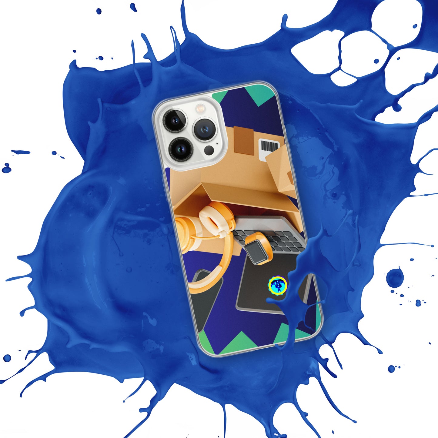 3D Cardboard Box with Floating Laptop, Phone, Watch and Headphones, CALMNESS DESIGNS, Creative Designer's, Clear Case for iPhone®