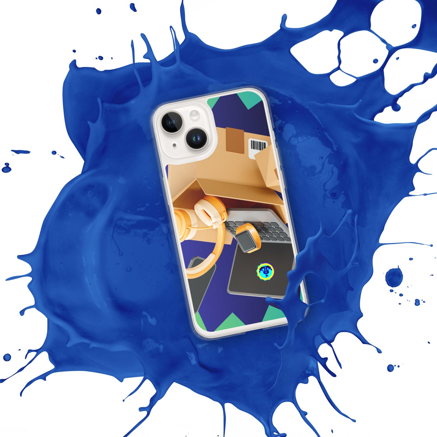 3D Cardboard Box with Floating Laptop, Phone, Watch and Headphones, CALMNESS DESIGNS, Creative Designer's, Clear Case for iPhone®