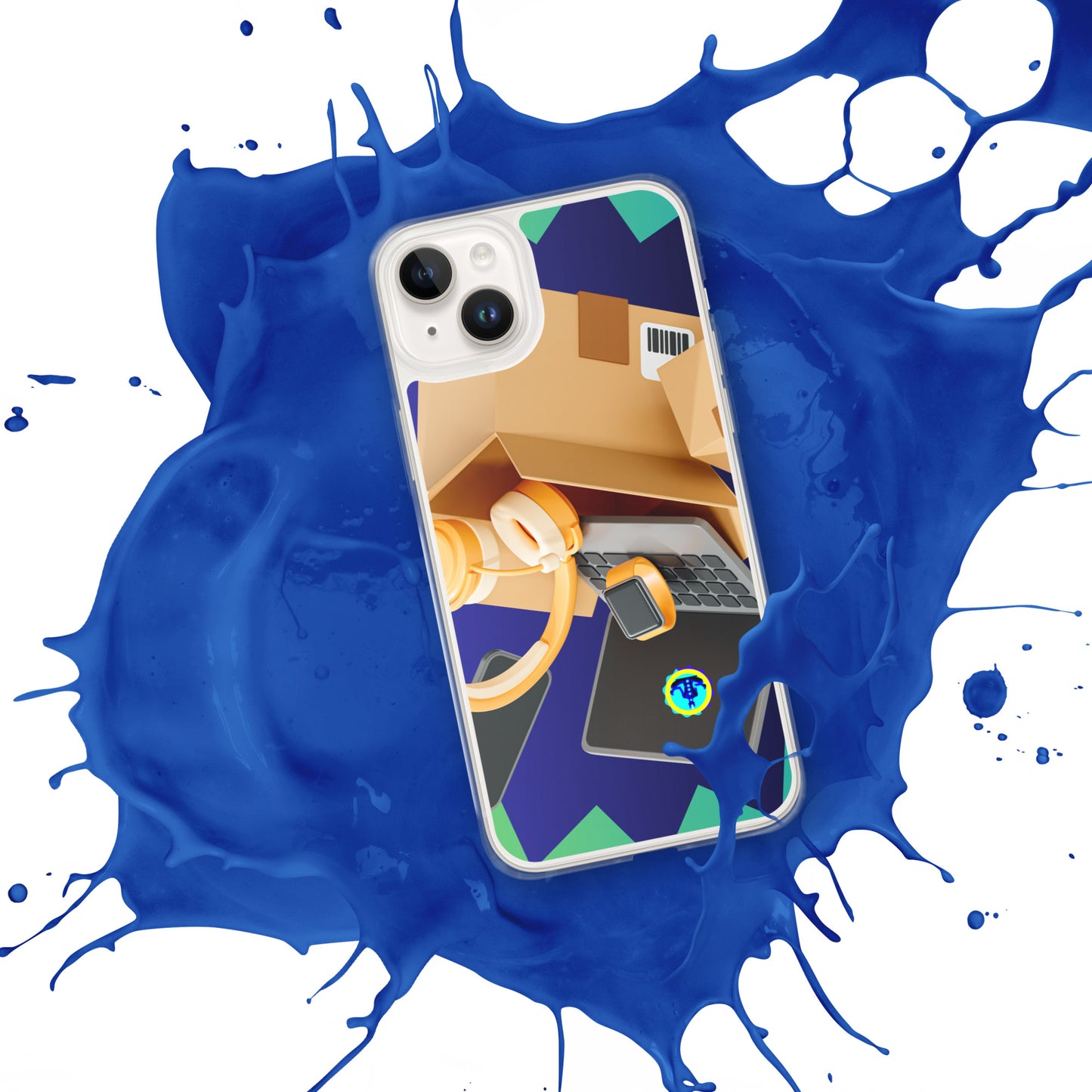 3D Cardboard Box with Floating Laptop, Phone, Watch and Headphones, CALMNESS DESIGNS, Creative Designer's, Clear Case for iPhone®