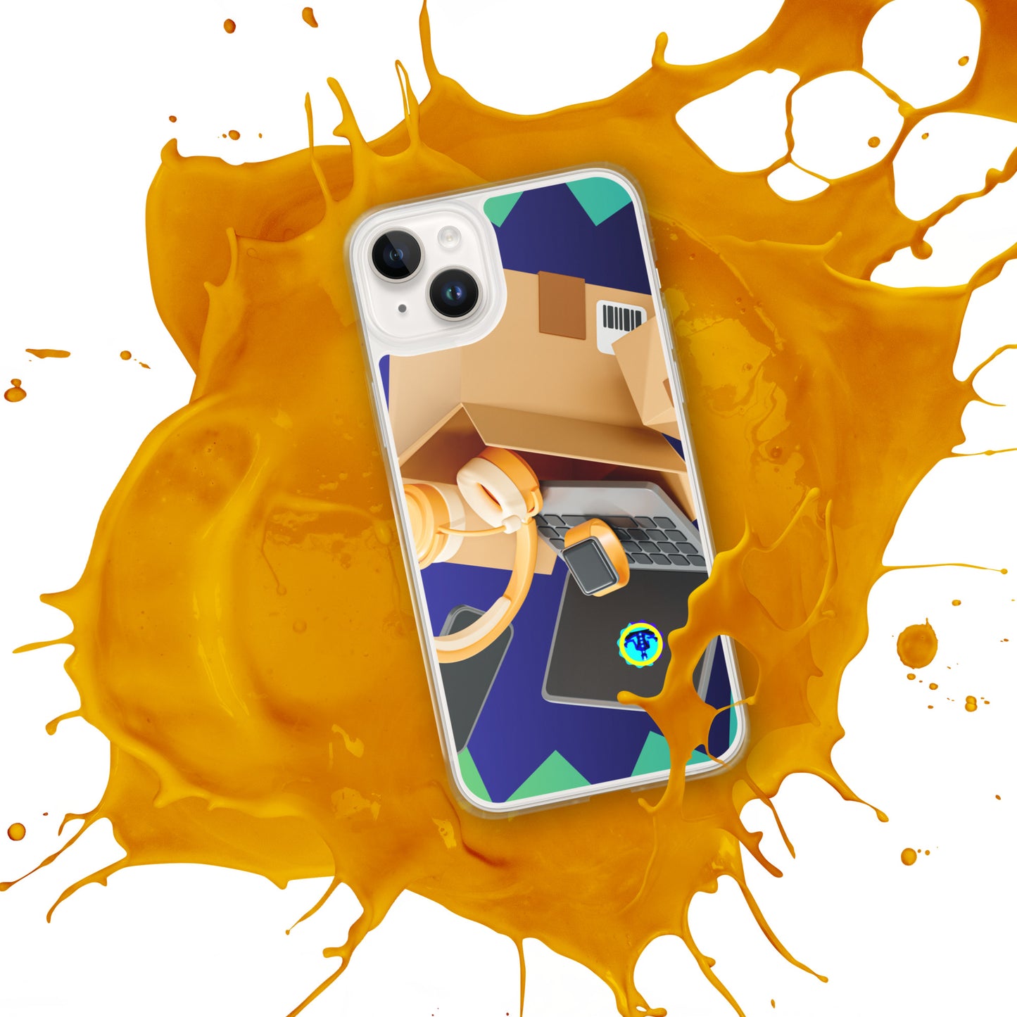 3D Cardboard Box with Floating Laptop, Phone, Watch and Headphones, CALMNESS DESIGNS, Creative Designer's, Clear Case for iPhone®