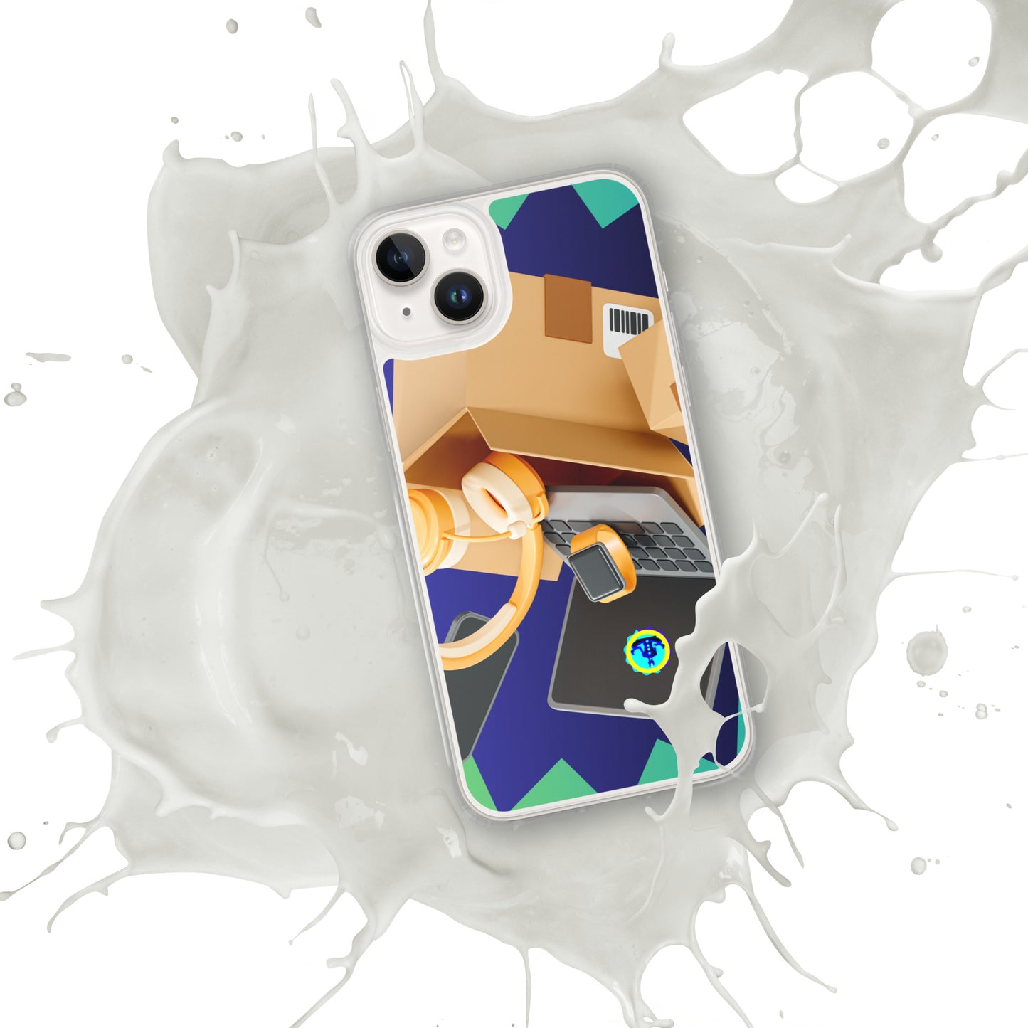 3D Cardboard Box with Floating Laptop, Phone, Watch and Headphones, CALMNESS DESIGNS, Creative Designer's, Clear Case for iPhone®