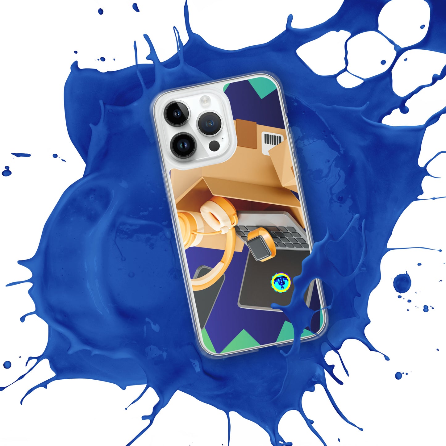 3D Cardboard Box with Floating Laptop, Phone, Watch and Headphones, CALMNESS DESIGNS, Creative Designer's, Clear Case for iPhone®