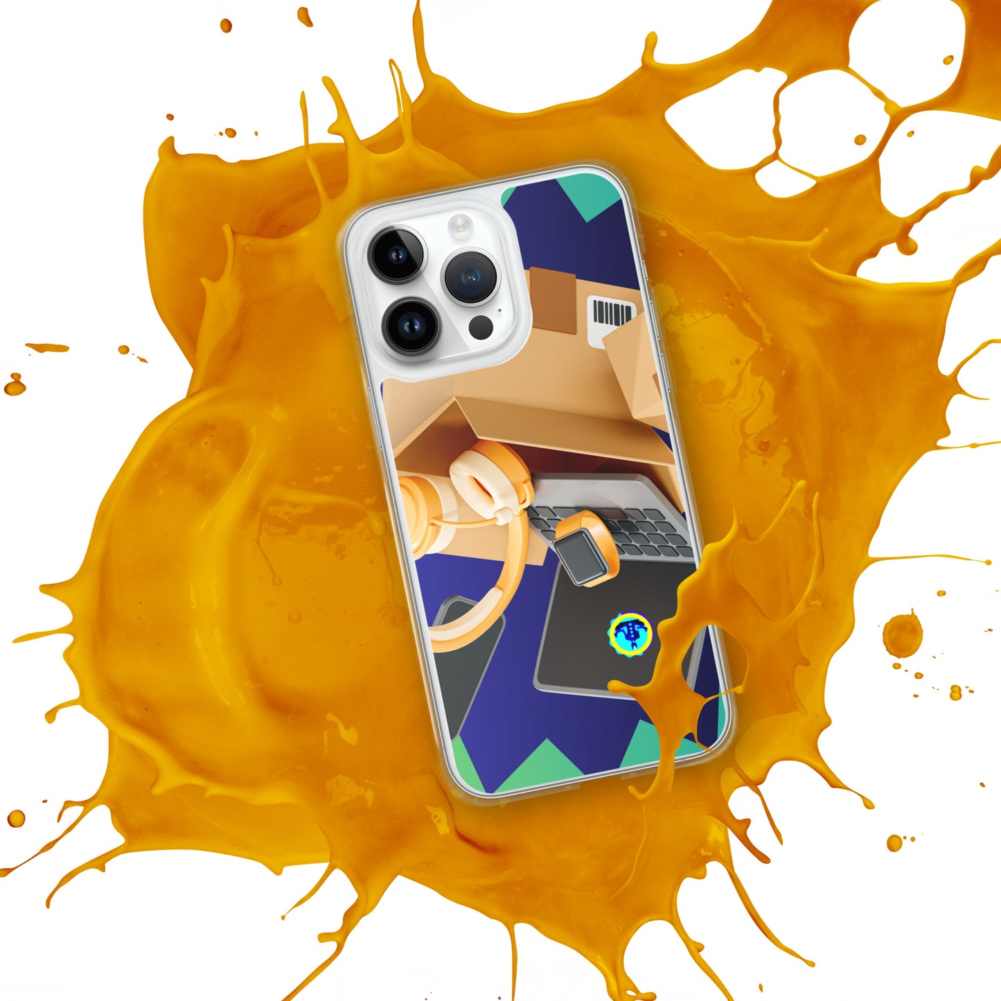 3D Cardboard Box with Floating Laptop, Phone, Watch and Headphones, CALMNESS DESIGNS, Creative Designer's, Clear Case for iPhone®