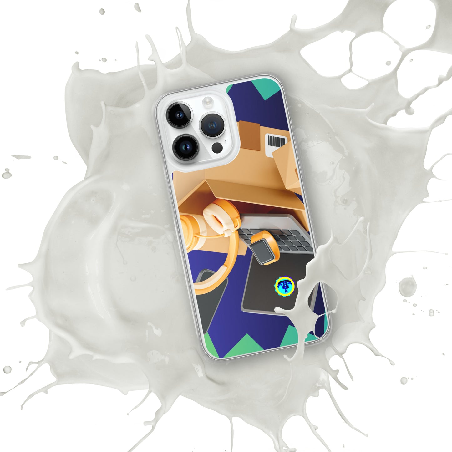 3D Cardboard Box with Floating Laptop, Phone, Watch and Headphones, CALMNESS DESIGNS, Creative Designer's, Clear Case for iPhone®