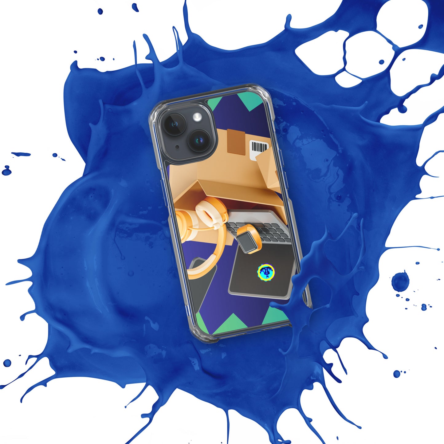 3D Cardboard Box with Floating Laptop, Phone, Watch and Headphones, CALMNESS DESIGNS, Creative Designer's, Clear Case for iPhone®