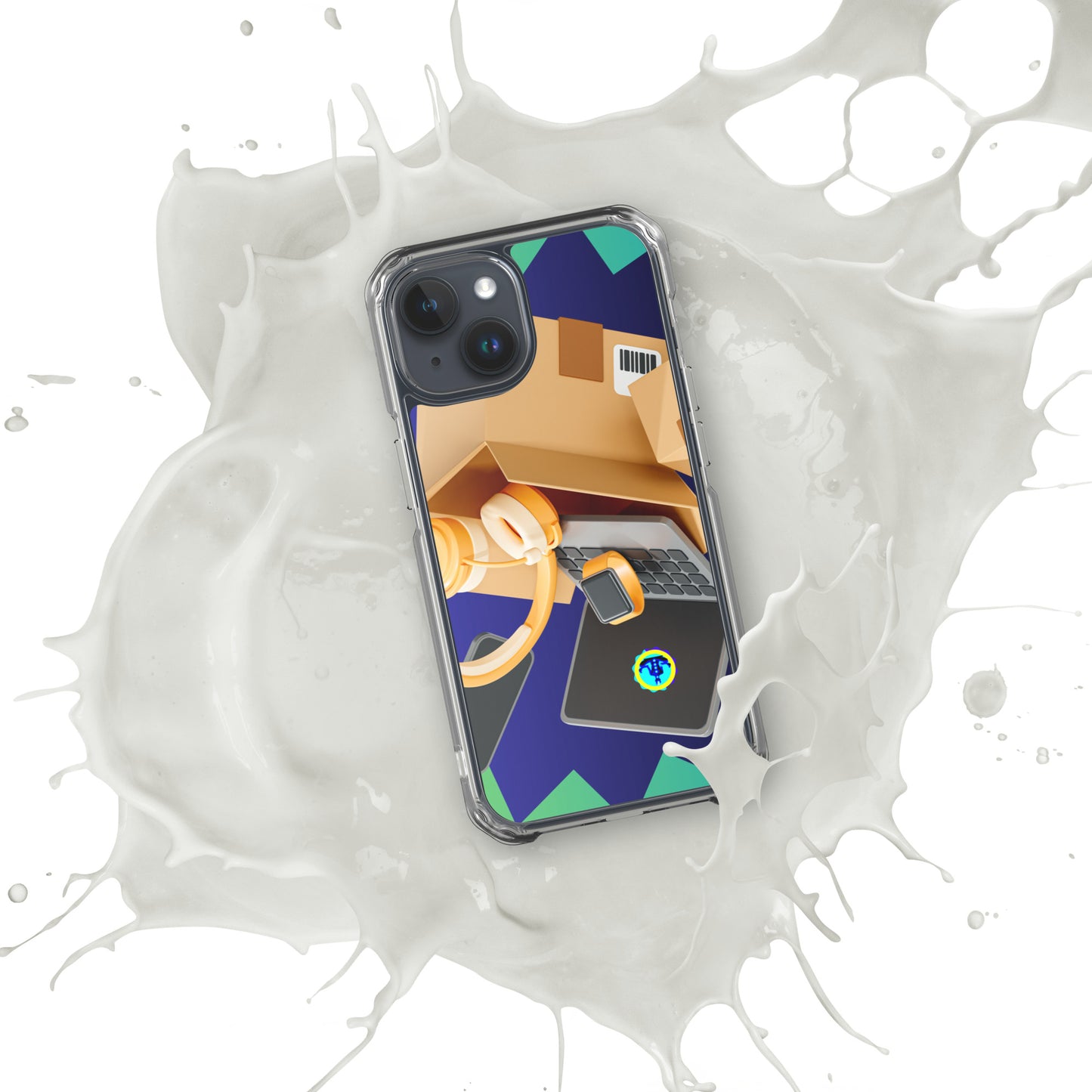 3D Cardboard Box with Floating Laptop, Phone, Watch and Headphones, CALMNESS DESIGNS, Creative Designer's, Clear Case for iPhone®