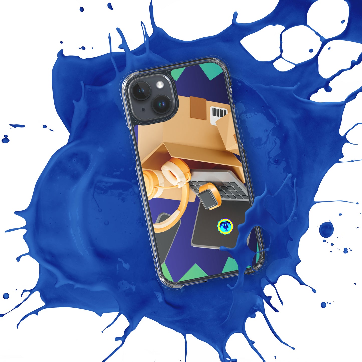 3D Cardboard Box with Floating Laptop, Phone, Watch and Headphones, CALMNESS DESIGNS, Creative Designer's, Clear Case for iPhone®