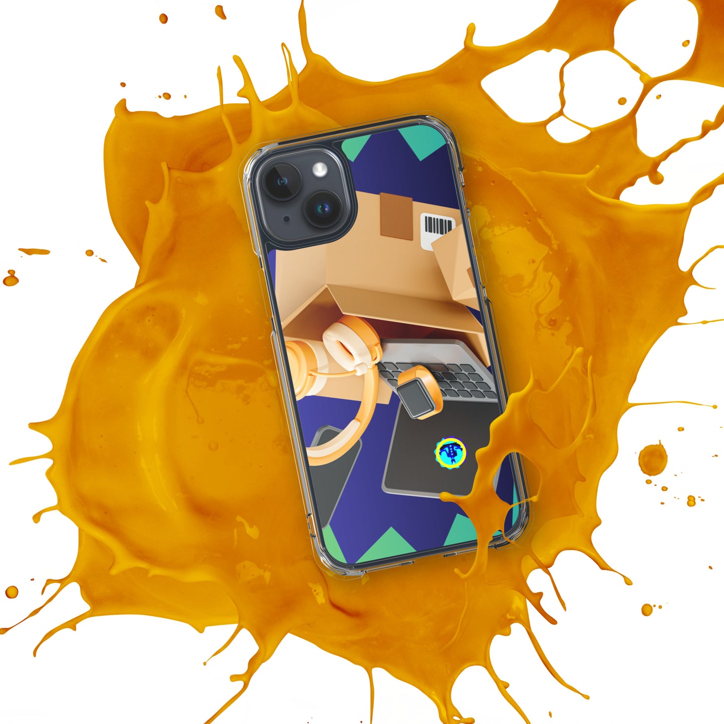3D Cardboard Box with Floating Laptop, Phone, Watch and Headphones, CALMNESS DESIGNS, Creative Designer's, Clear Case for iPhone®