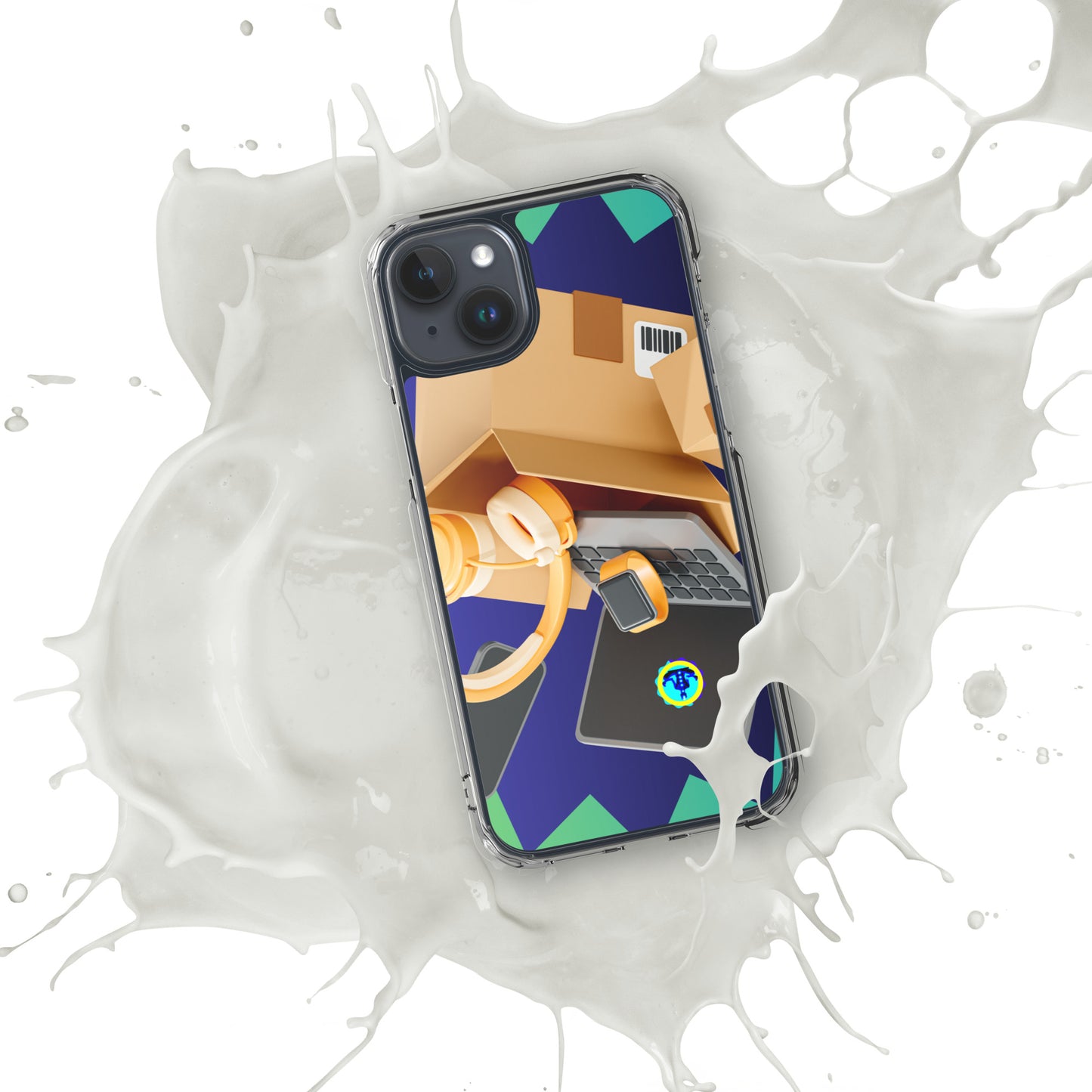 3D Cardboard Box with Floating Laptop, Phone, Watch and Headphones, CALMNESS DESIGNS, Creative Designer's, Clear Case for iPhone®