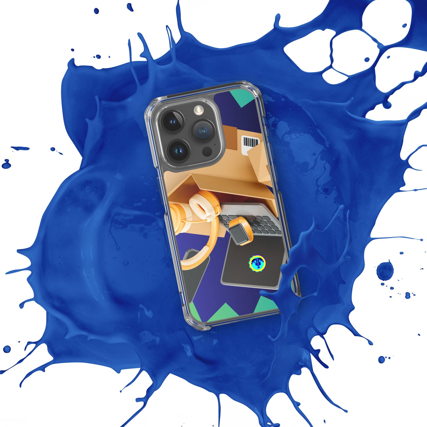 3D Cardboard Box with Floating Laptop, Phone, Watch and Headphones, CALMNESS DESIGNS, Creative Designer's, Clear Case for iPhone®