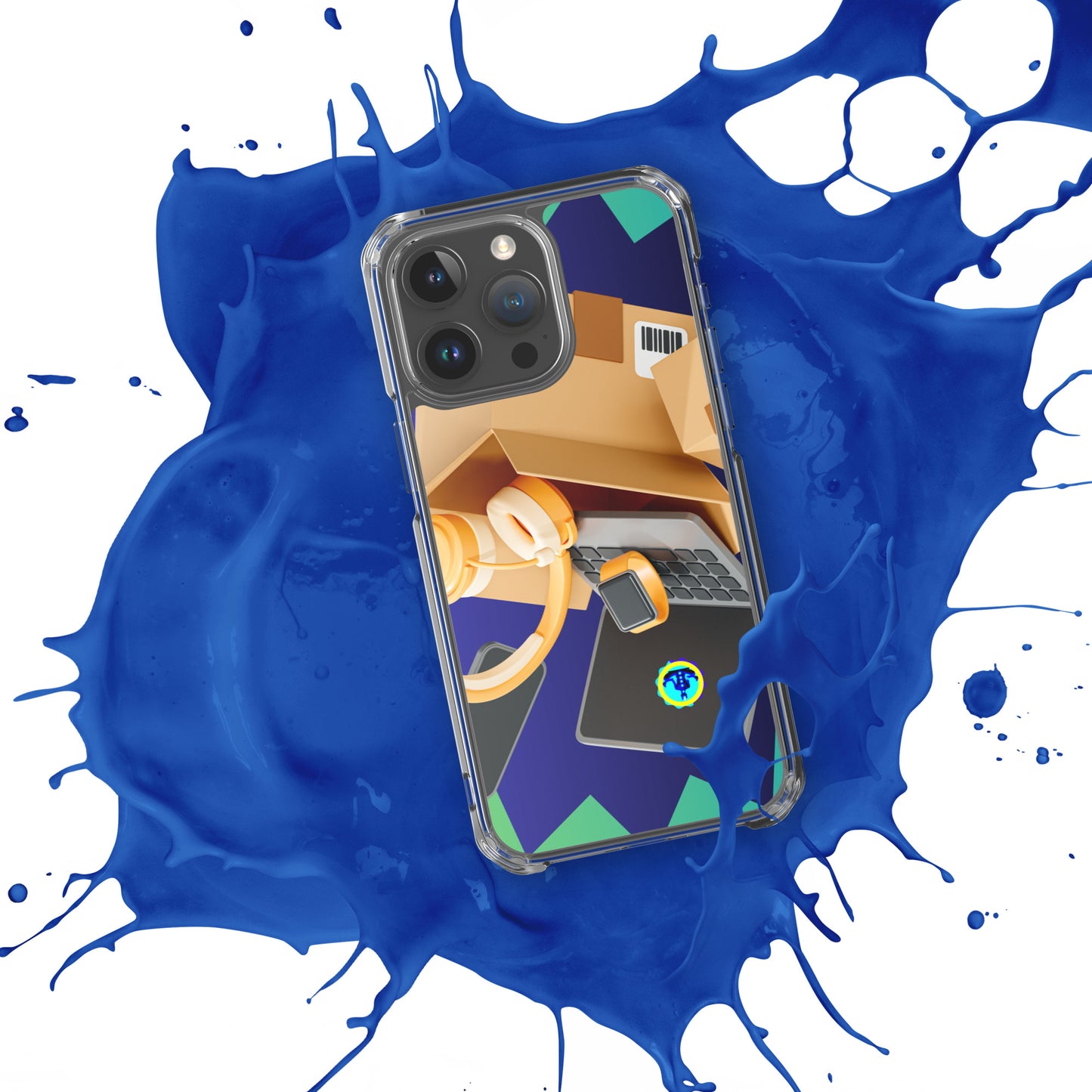 3D Cardboard Box with Floating Laptop, Phone, Watch and Headphones, CALMNESS DESIGNS, Creative Designer's, Clear Case for iPhone®