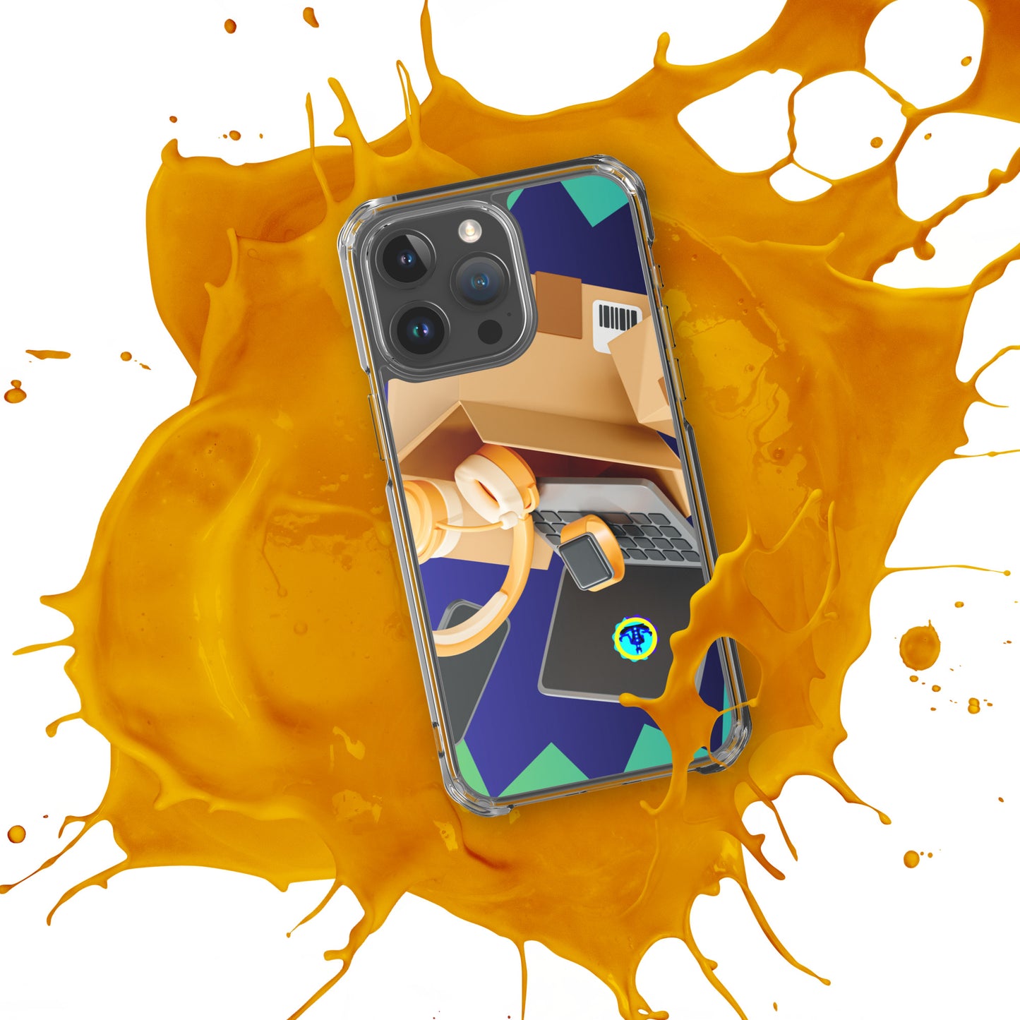 3D Cardboard Box with Floating Laptop, Phone, Watch and Headphones, CALMNESS DESIGNS, Creative Designer's, Clear Case for iPhone®
