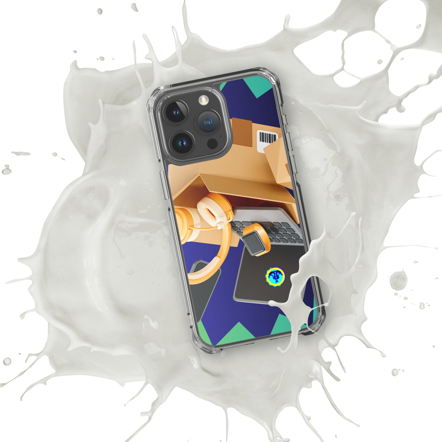 3D Cardboard Box with Floating Laptop, Phone, Watch and Headphones, CALMNESS DESIGNS, Creative Designer's, Clear Case for iPhone®