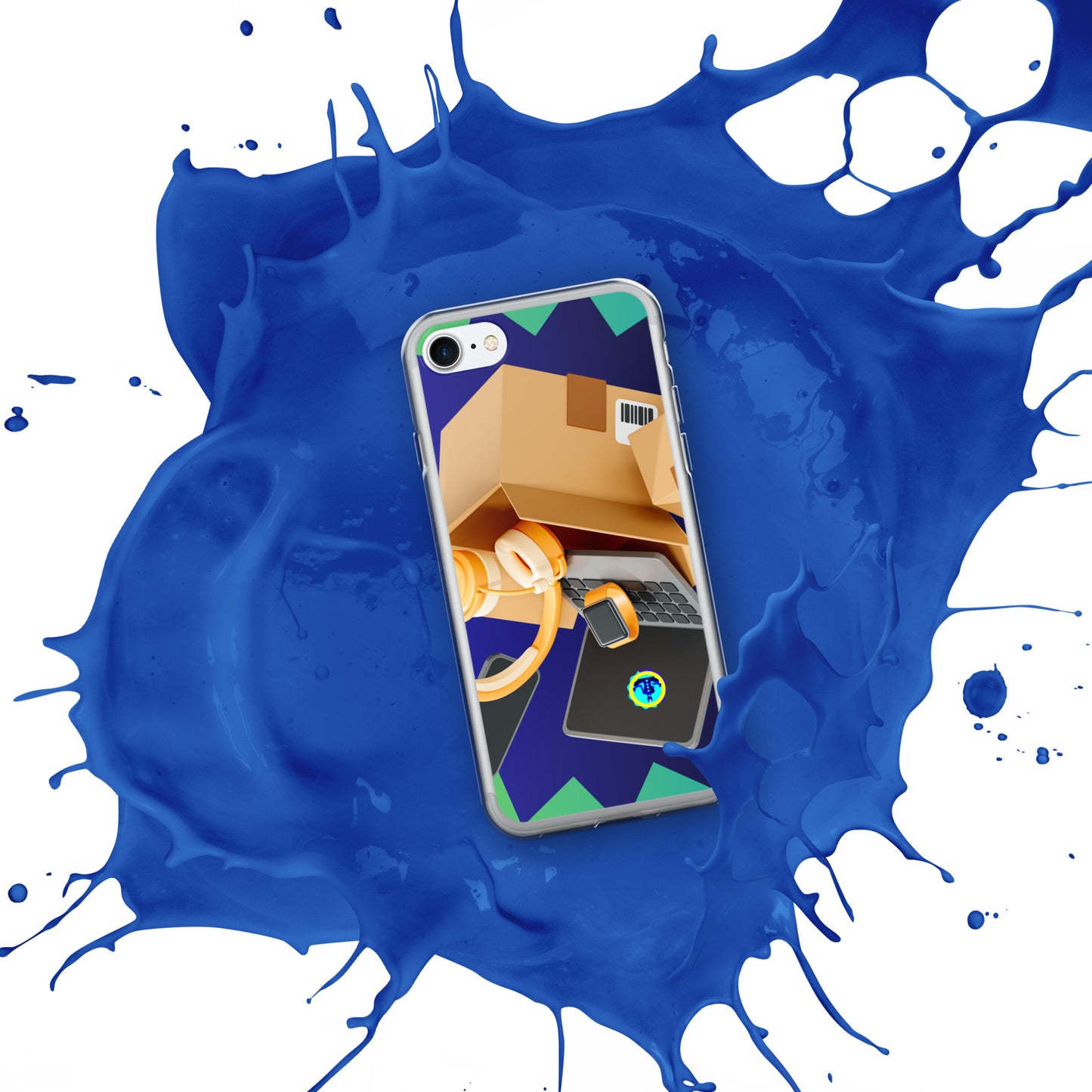 3D Cardboard Box with Floating Laptop, Phone, Watch and Headphones, CALMNESS DESIGNS, Creative Designer's, Clear Case for iPhone®