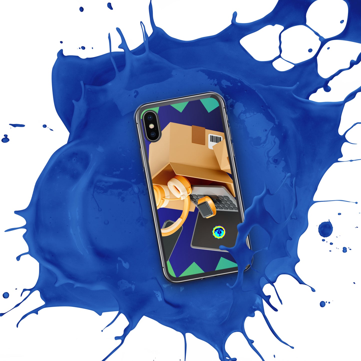 3D Cardboard Box with Floating Laptop, Phone, Watch and Headphones, CALMNESS DESIGNS, Creative Designer's, Clear Case for iPhone®