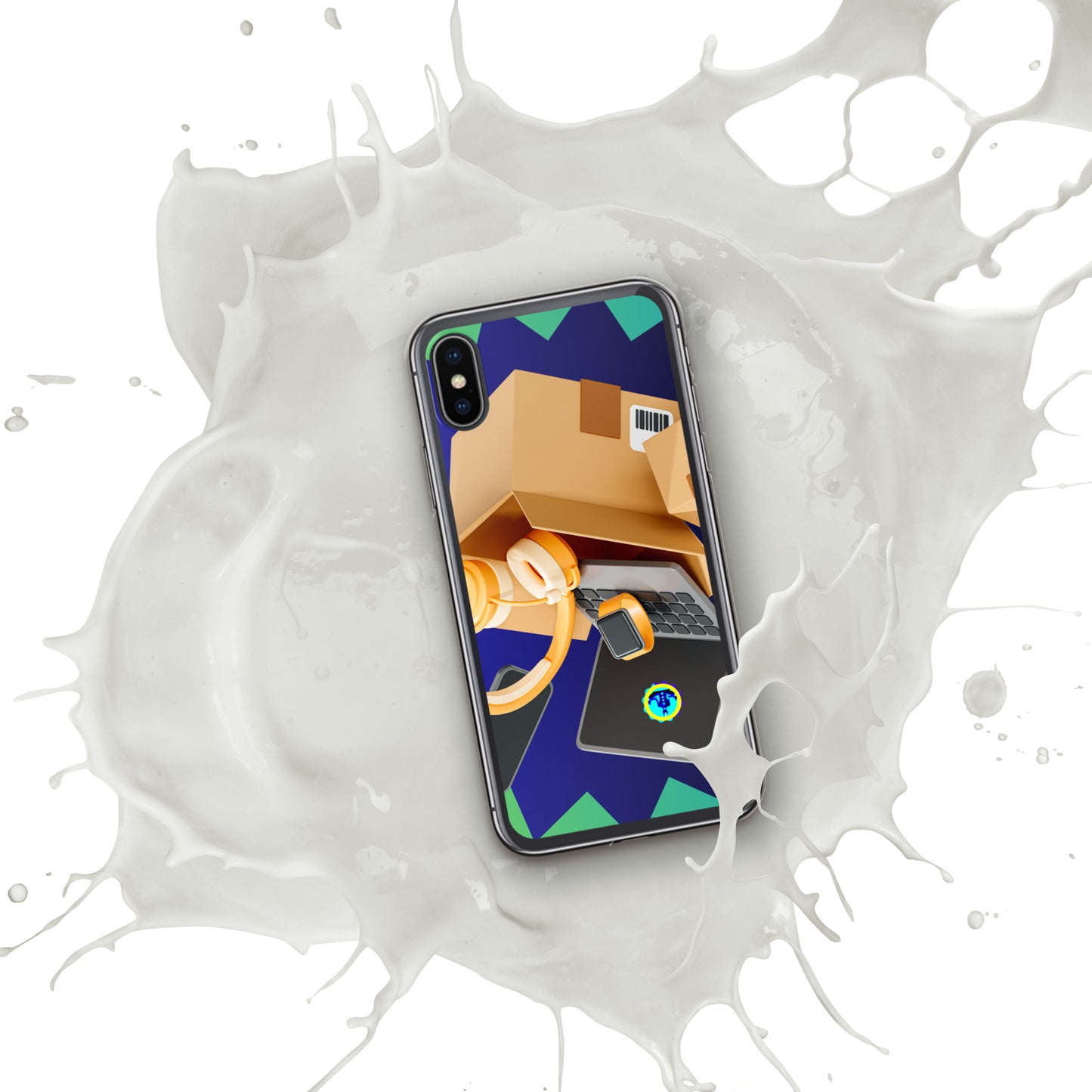 3D Cardboard Box with Floating Laptop, Phone, Watch and Headphones, CALMNESS DESIGNS, Creative Designer's, Clear Case for iPhone®
