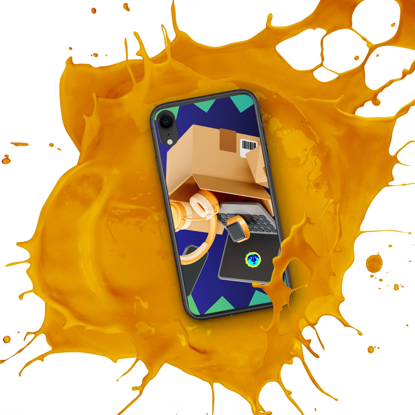 3D Cardboard Box with Floating Laptop, Phone, Watch and Headphones, CALMNESS DESIGNS, Creative Designer's, Clear Case for iPhone®