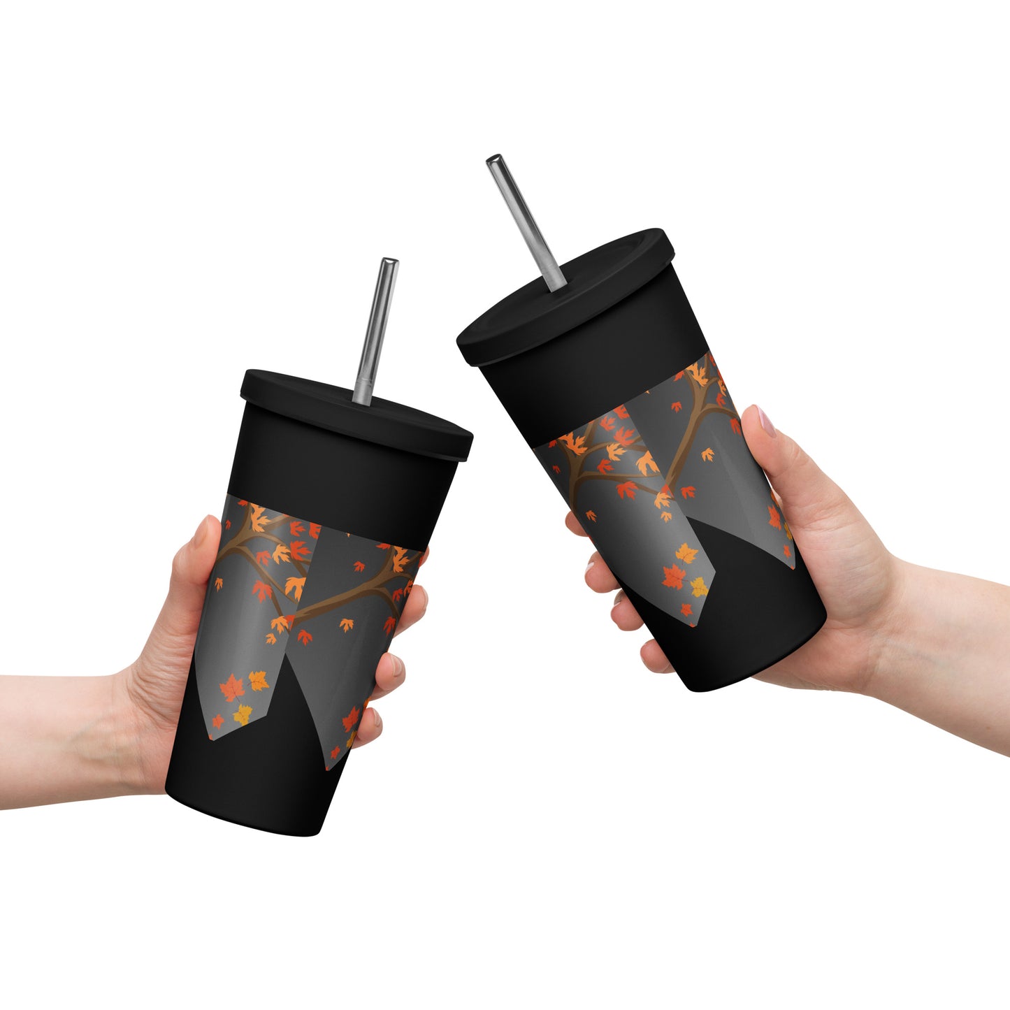 Autumn Stylized Tree with Falling Leaves, CALMNESS DESIGNS, Creative Designer's, Insulated tumbler with a straw